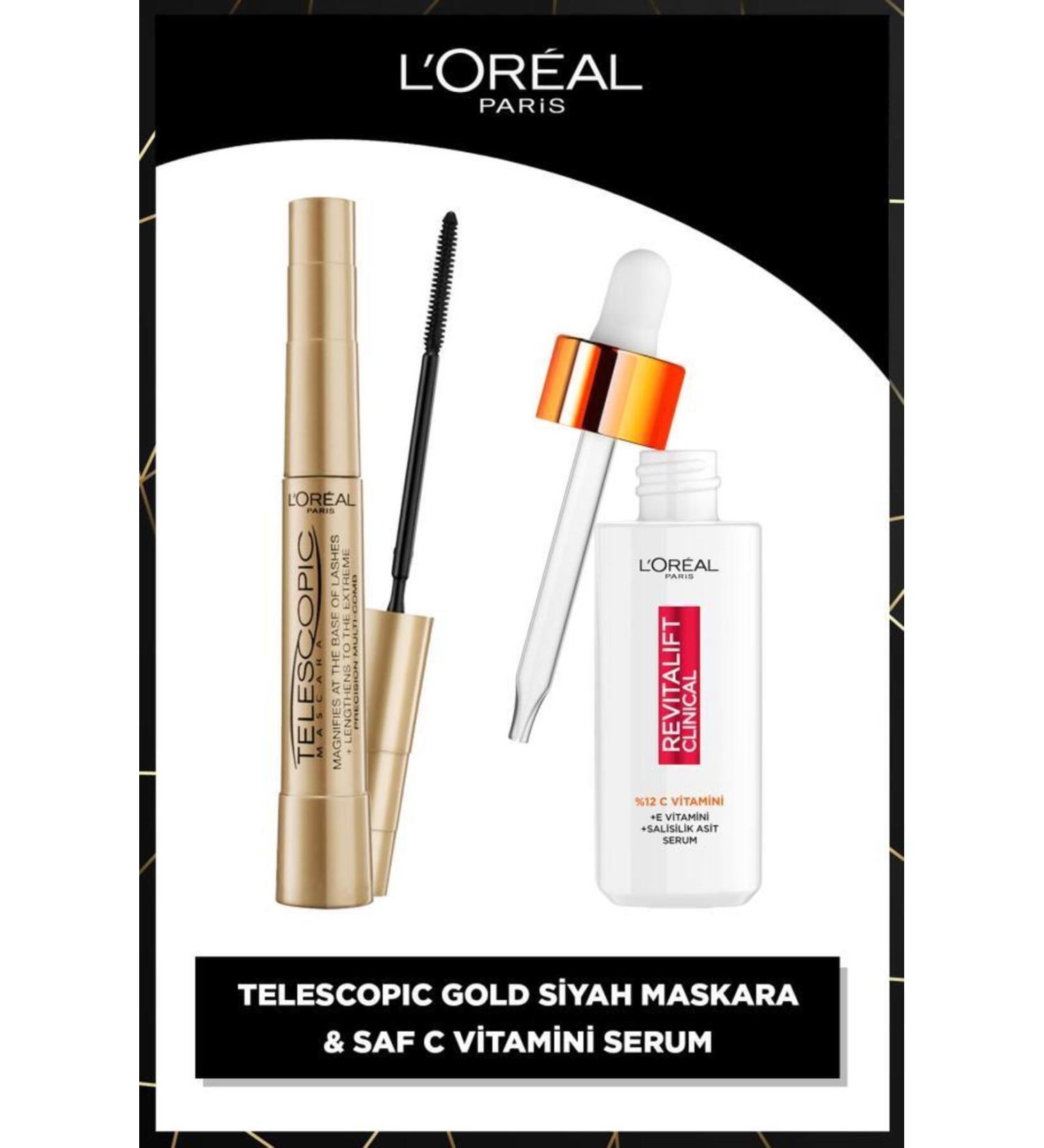 L'Oreal Paris Telescopic Mascara & Revitalift Clinical 12% Pure Vitamin C Brightening Anti-Pore Serum 30ml