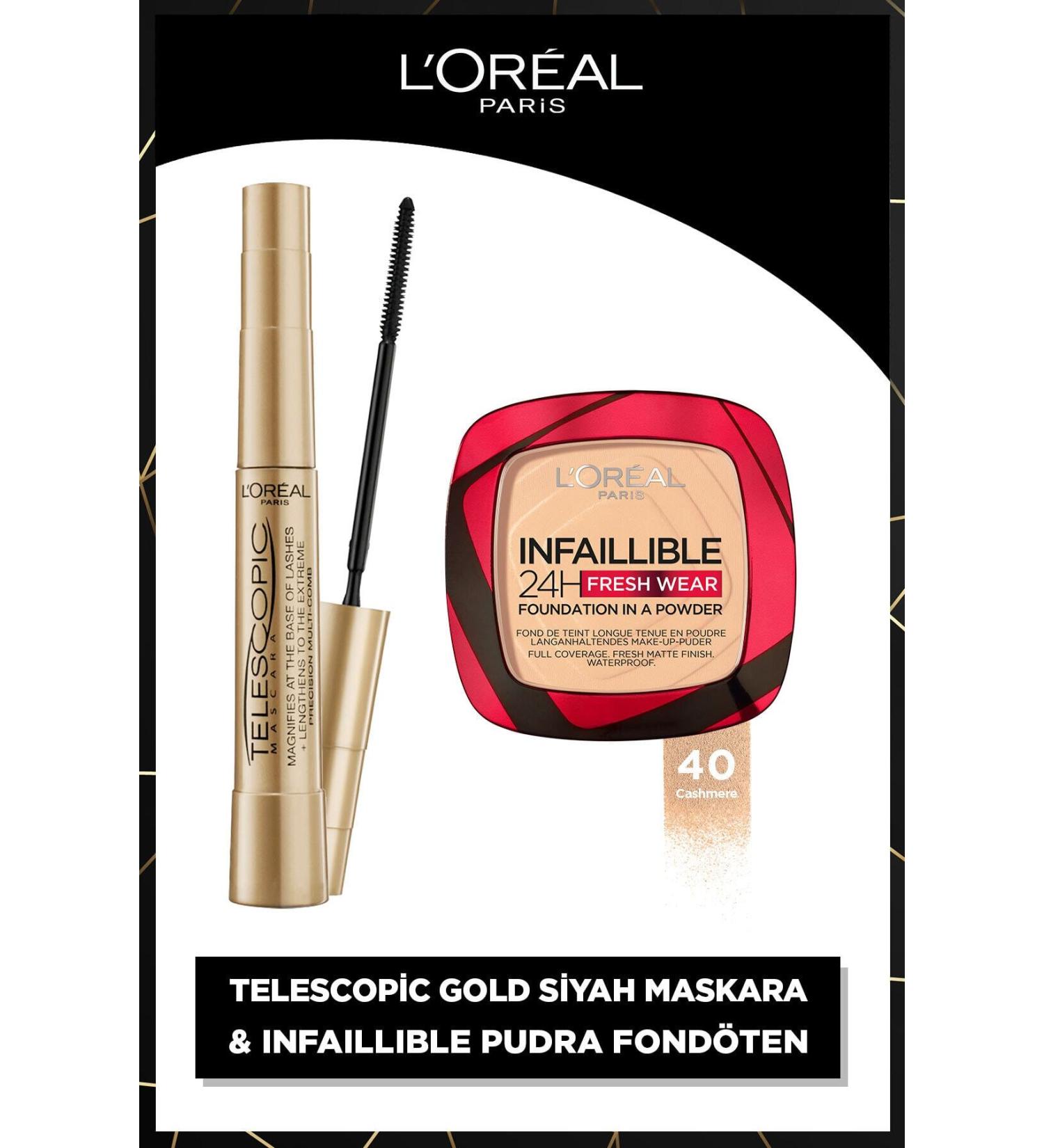 L'Oreal Paris Telescopic Gold Black Mascara & Infaillible 24h Fresh Wear Powder Foundation 40 Cashmere - Buy Online on GoSupps.com