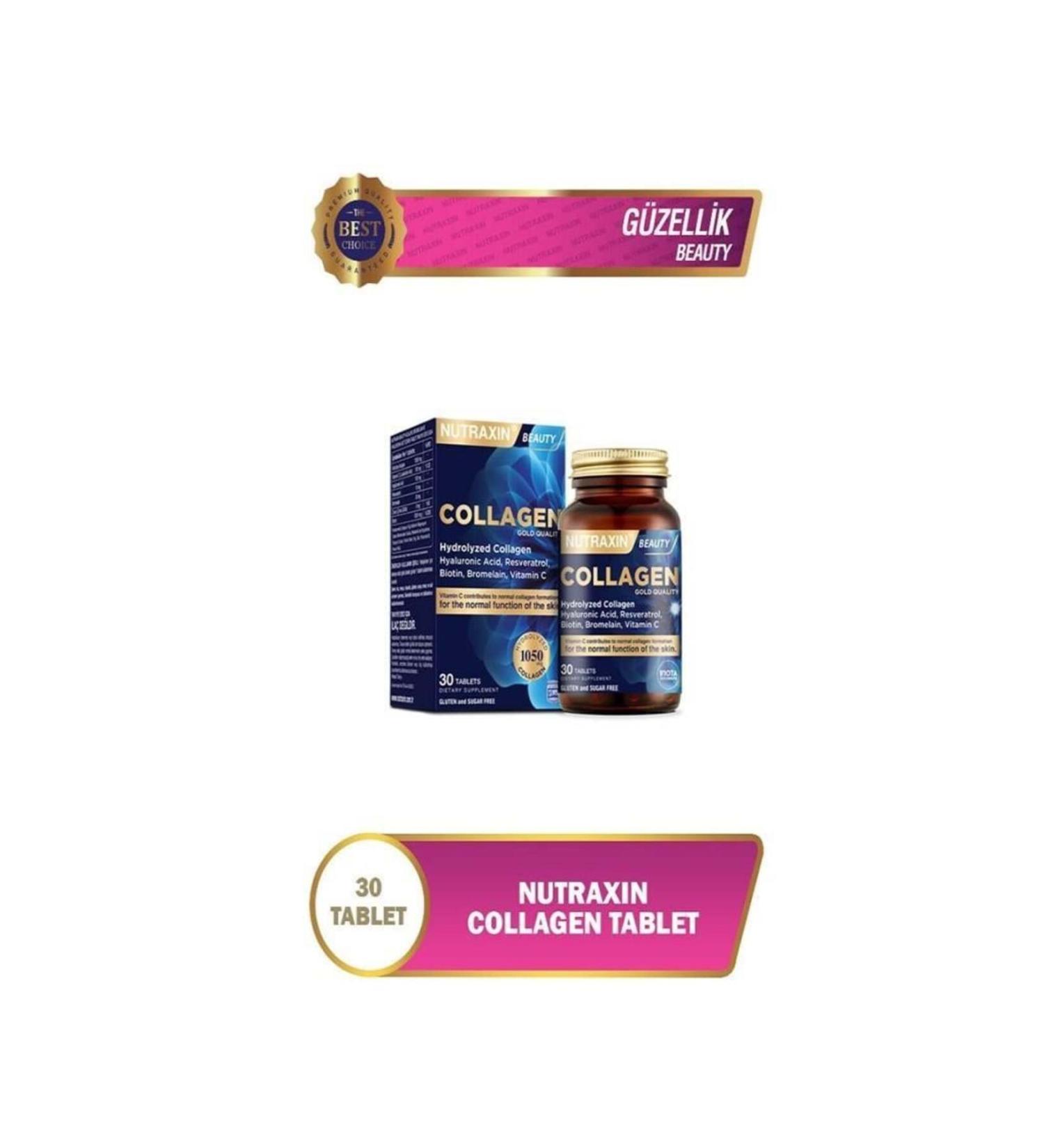 Nutraxin Hydrolyzed Collagen Hyaluronic Acid Resveratrol Vitamin C Biotin Bromelain Containing Supplement 30 Tablets