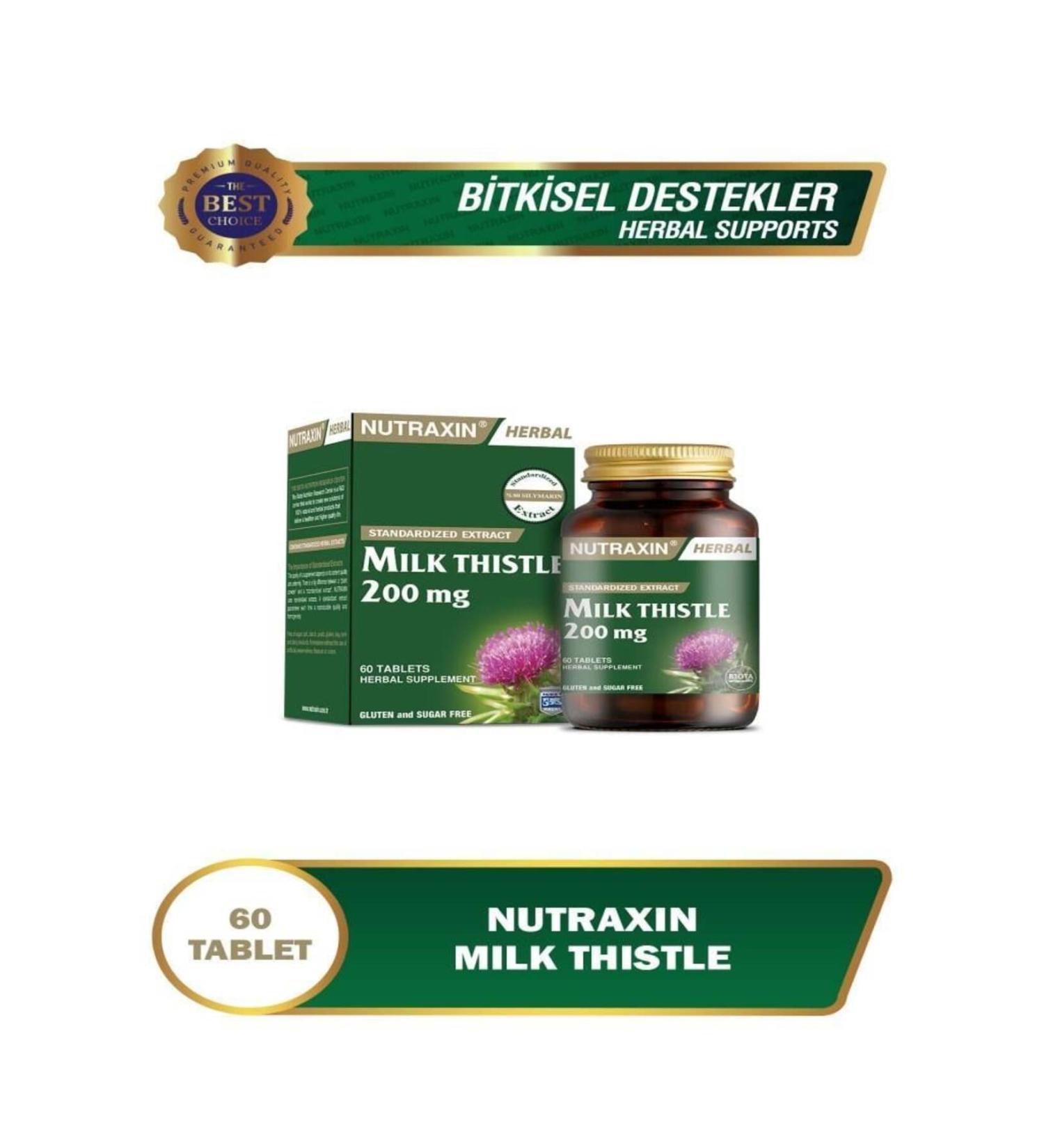 Nutraxin Milk Thistle 200 mg Milk Thistle Seed Extract Supplementary Food 60 Tablets