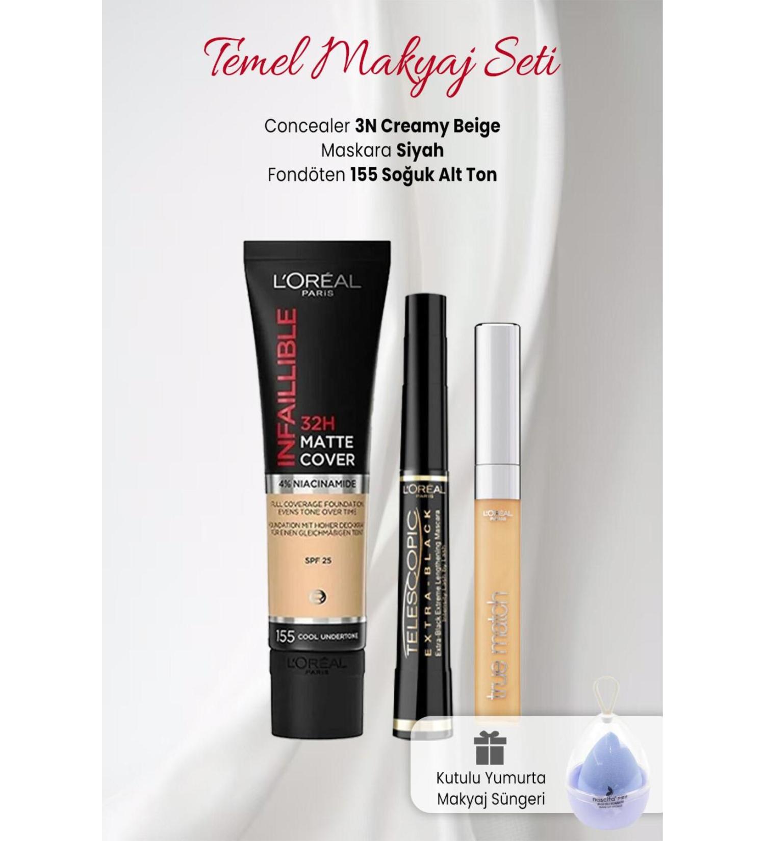 L'Oreal Paris Loreal Paris 32H Matte Foundation 155 True Concealer 3N Telescopic Carbon Black and Makeup Sponge Ma