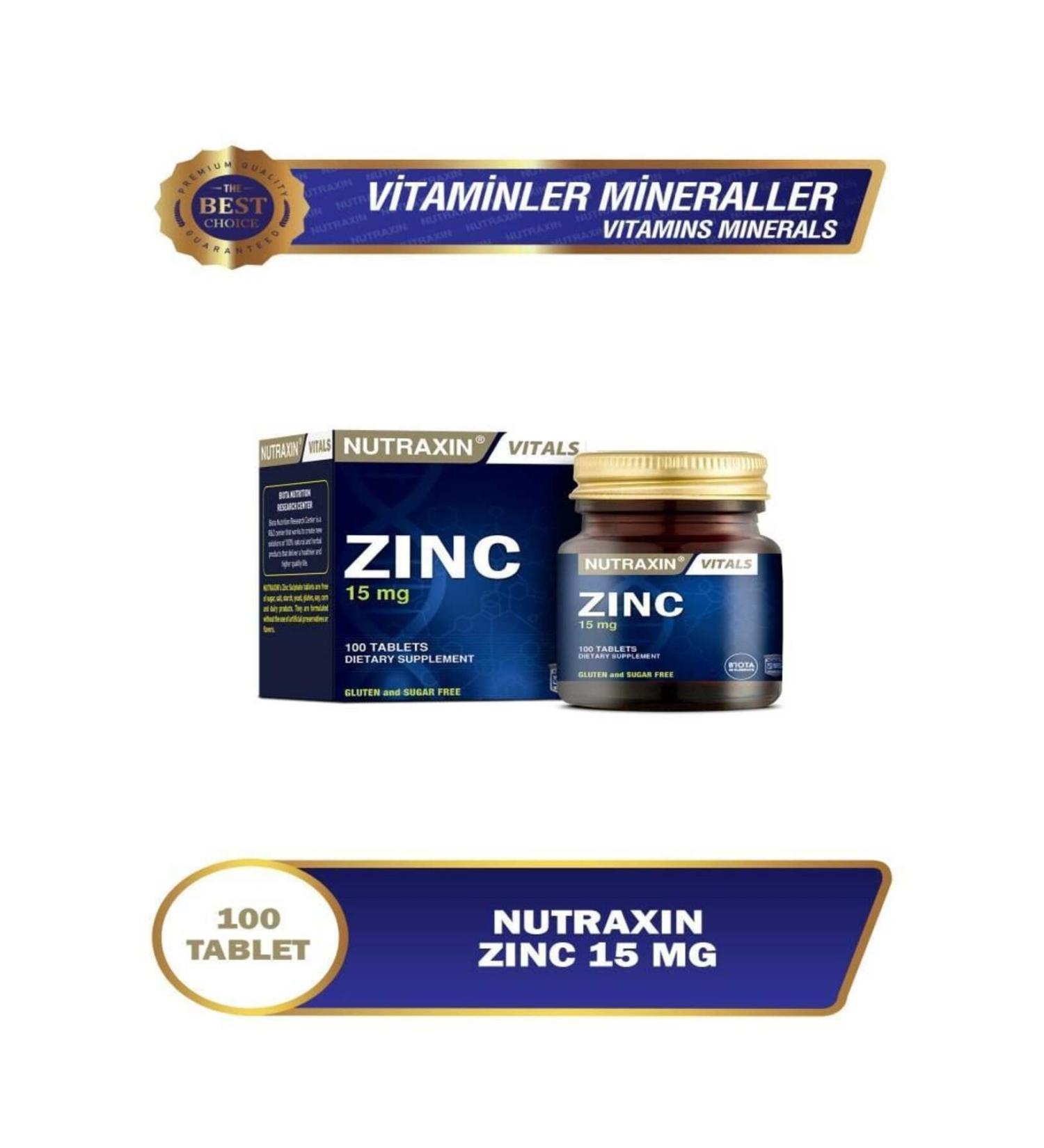 Nutraxin Zinc 15 mg Zinc Sulfate Containing Supplementary Food 100 Tablets