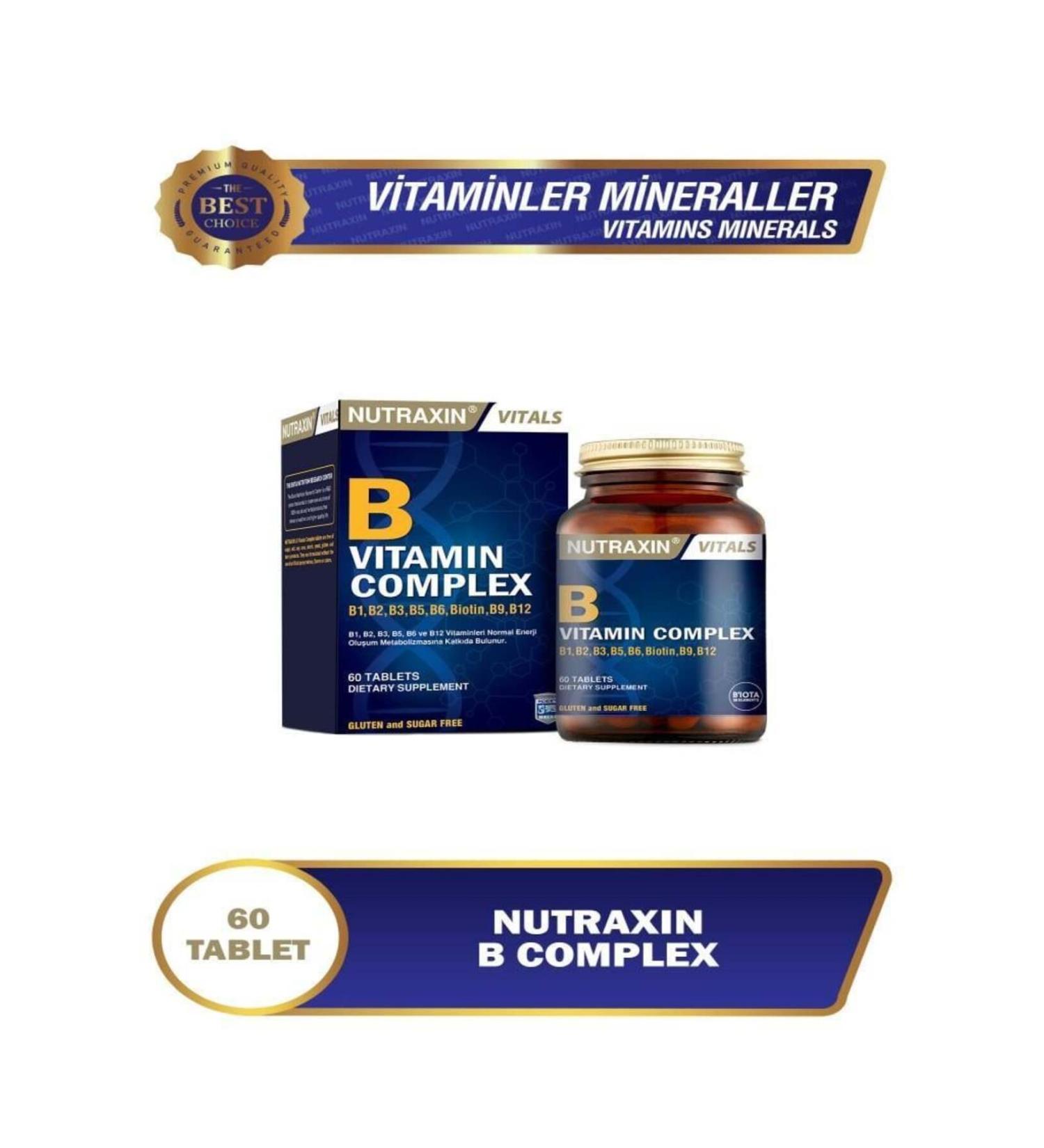 Nutraxin B Complex Vitamin 60 Capsules Supplementary Food Containing Vitamins B1 B2 B3 B5 B6 B12