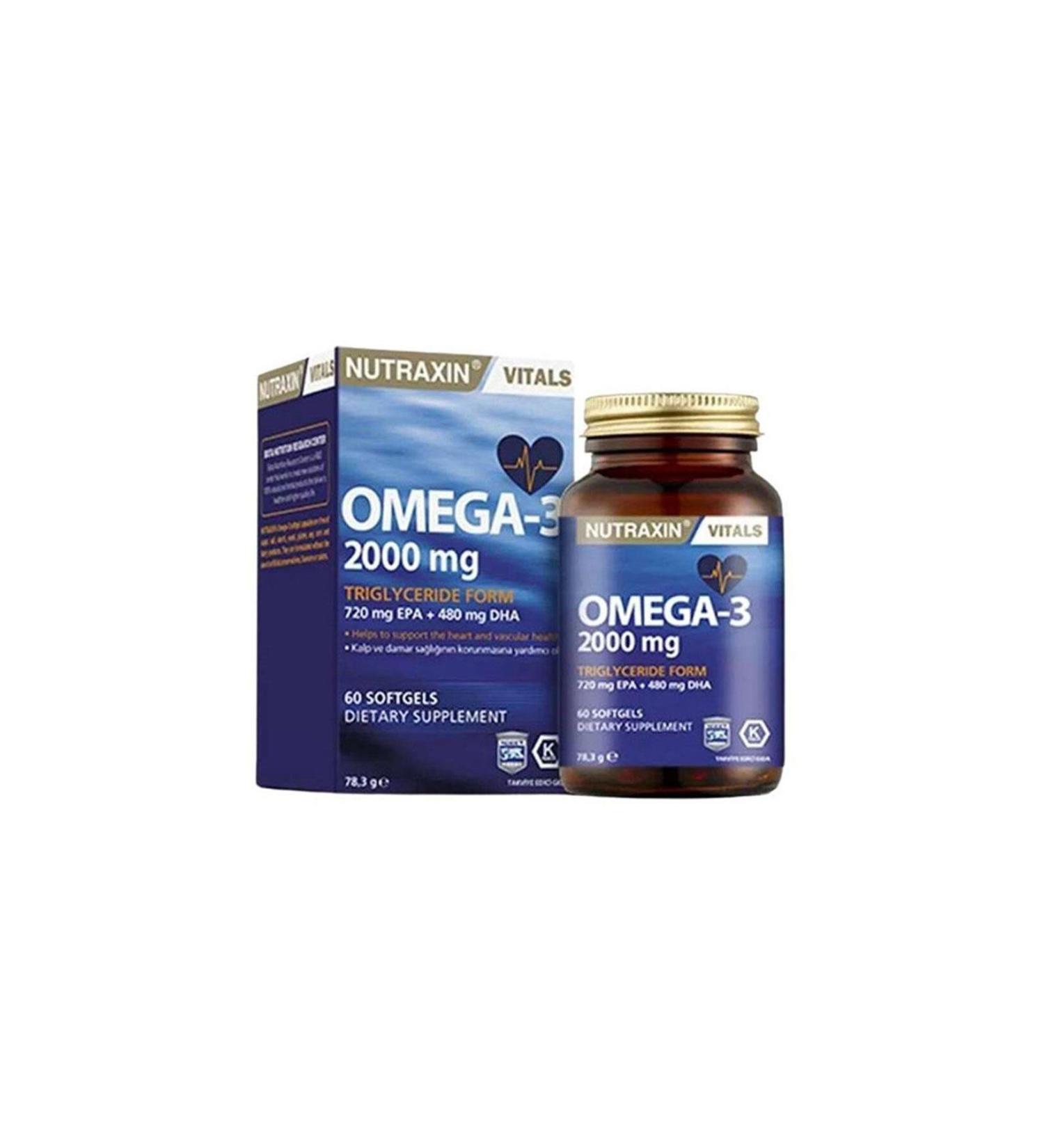 Nutraxin Omega-3 2000 mg EPA and DHA omega-3 Fatty Acids Containing Supplementary Food 60 Capsules