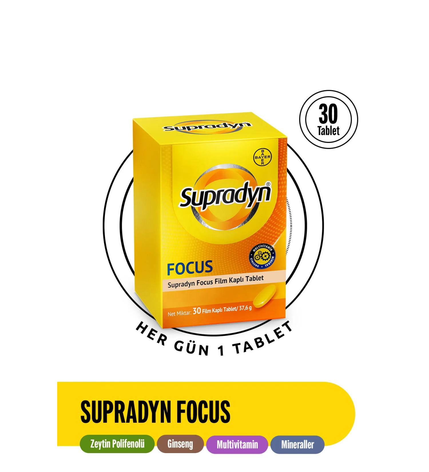 Supradyn Focus 30 Film Coated Tablet Containing Olive Polyphenol Ginseng Multivitamin and Mineral - Buy Online on GoSupps.com