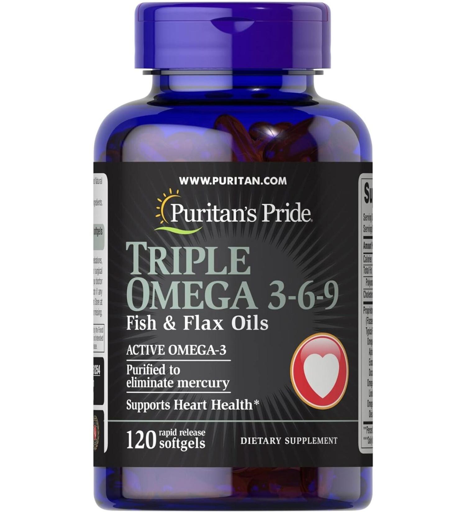 Puritan's Pride Triple Omega 3-6-9 Fish Flax & Borage Oils 120 Softgels - Buy Online on GoSupps.com