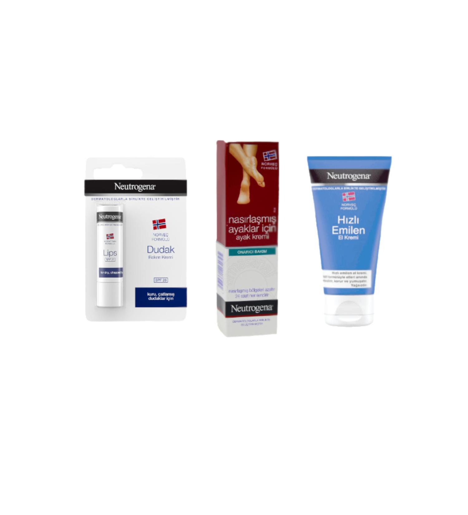 Neutrogena LIP CREAM 4.8 gr CALLUS FOOT CREAM 50 ml FAST ABSORBING HAND CREAM 75 ML