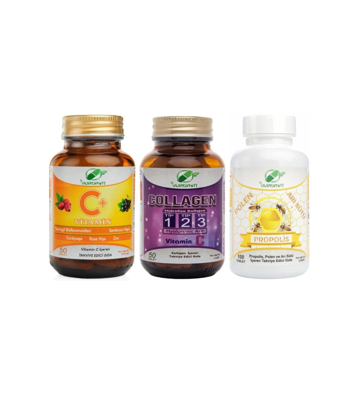 Yurdavit Vitamin C 1000 mg 50 Tb Collagen Type 1-2-3 900mg 50 Tb Propolis Pollen Royal Jelly 100 Tablets