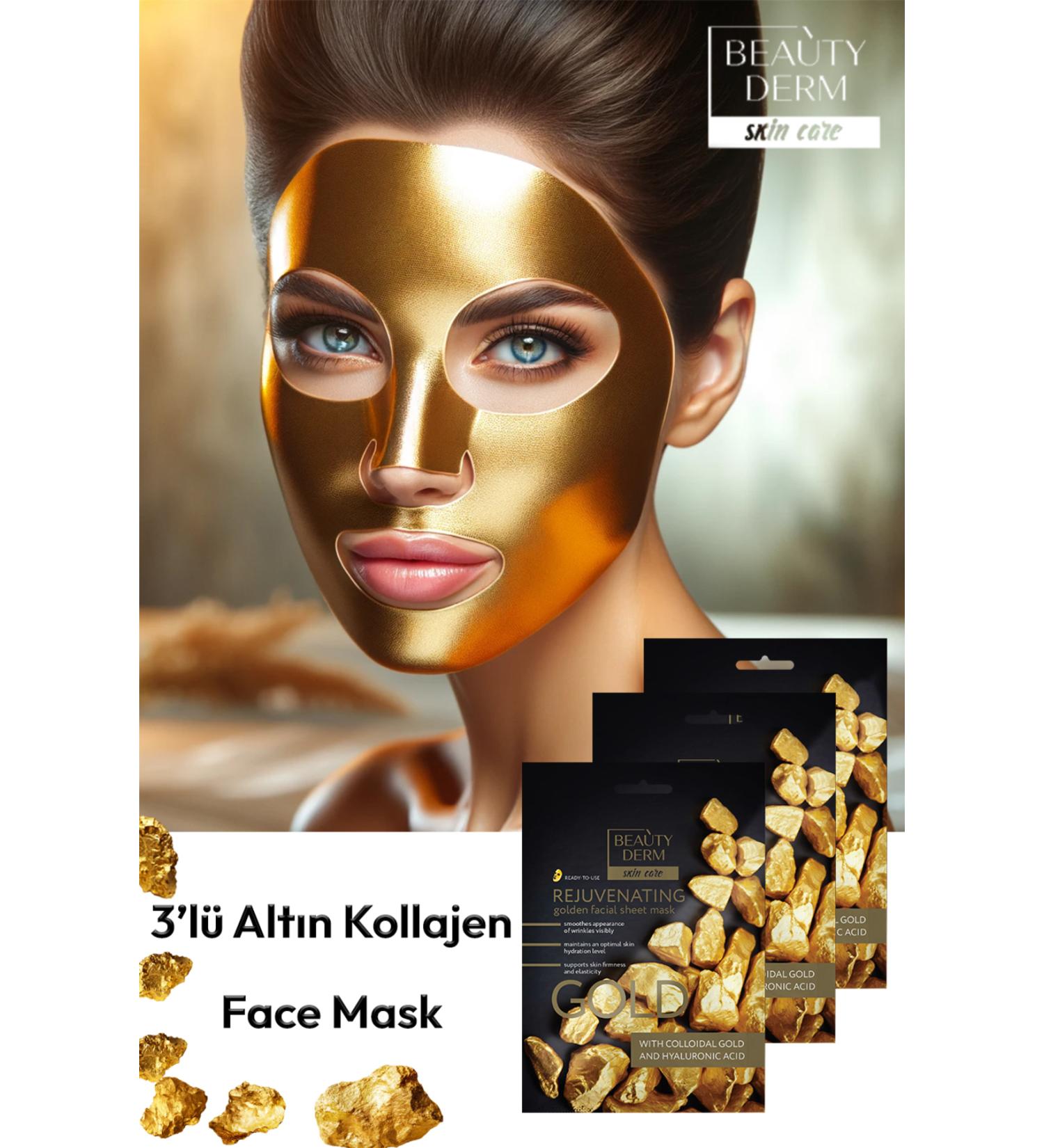BEAUTY DERM Gold Collagen Face Mask 3 Pieces Anti-Aging Luminous Effect - Buy Online on GoSupps.com