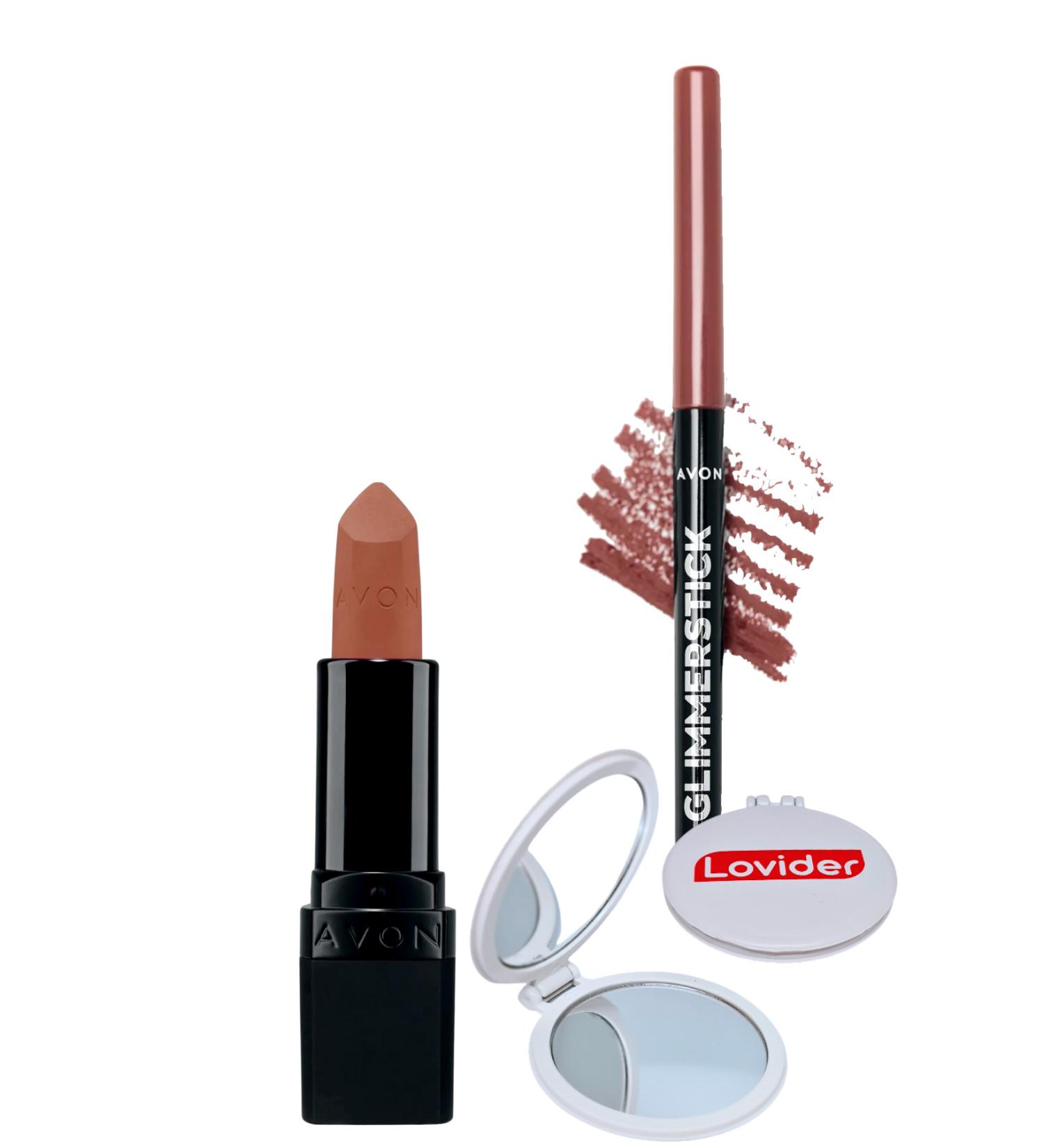 Avon Ultra Matte Lipstick Marvellous Mocha + Simply Spice Lip Pencil + Lovider Pocket Mirror Gift