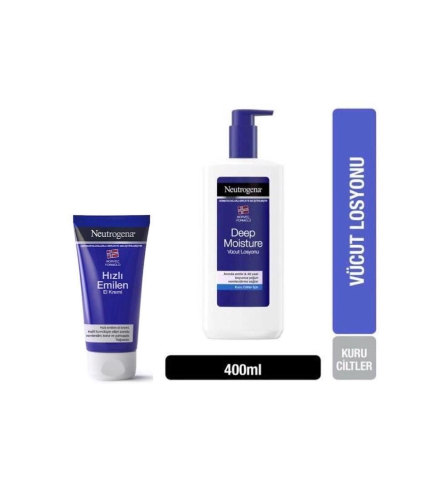 Neutrogena Deep Mousture Perfumed Body Lotion 400 Ml + Fast Absorbing Hand Cream 75 Ml