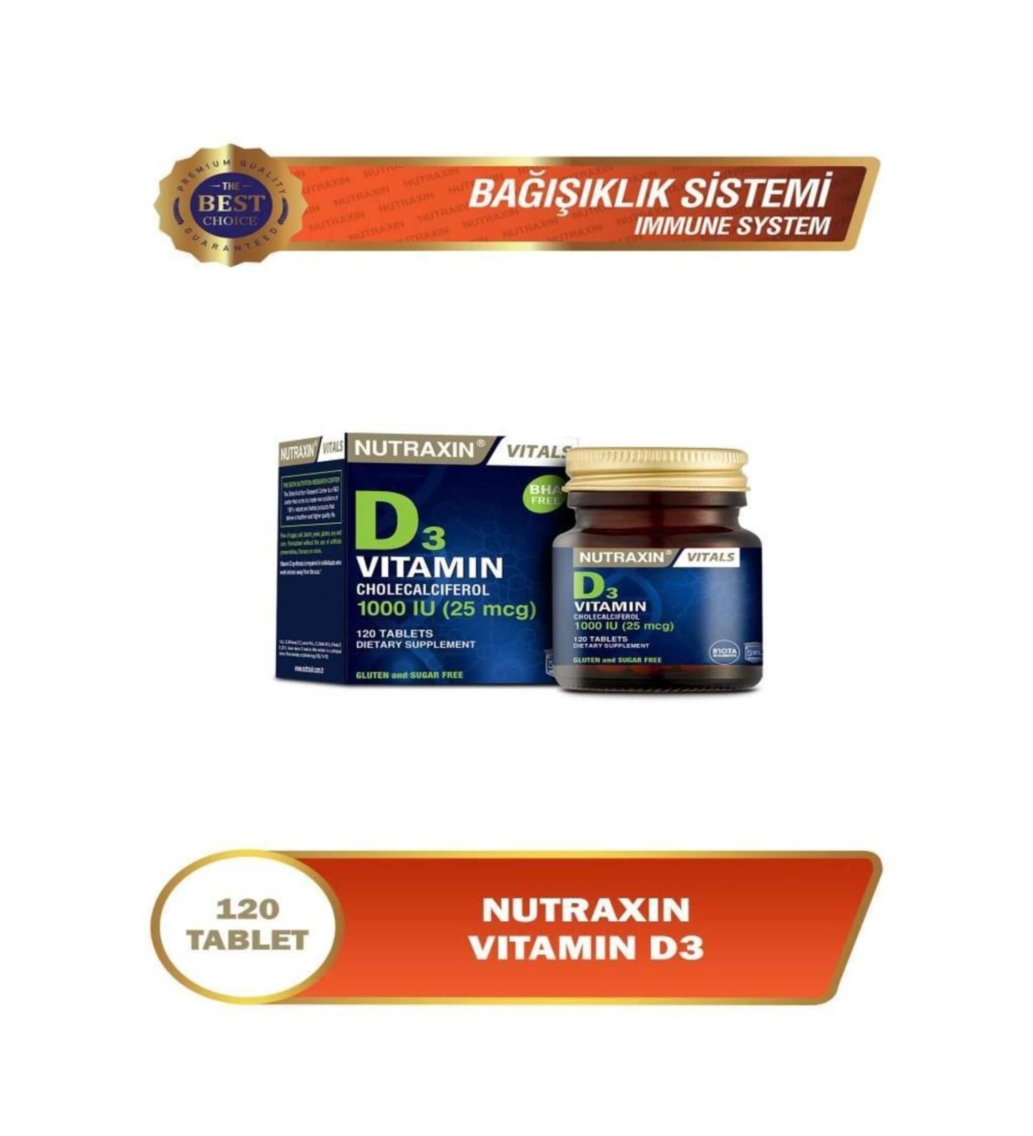 Nutraxin Vitamin D3 1000 IU Vitamin D3 Containing Supplementary Food 120 Tablets
