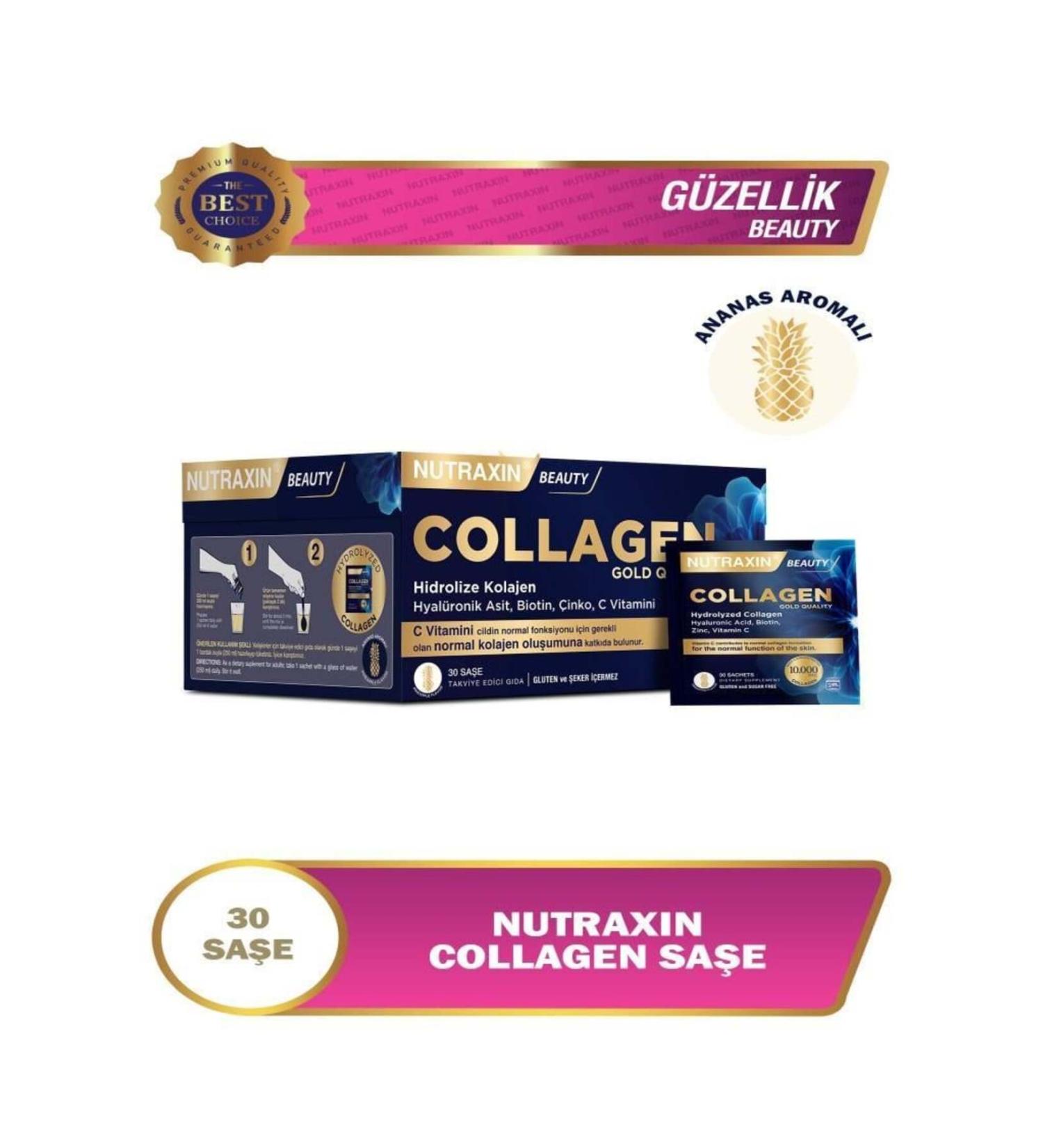 Nutraxin Collagen 10 000 mg 30 Sachets Hydrolyzed Collagen Hyaluronic Acid Biotin Zinc Containing Supplementary Food