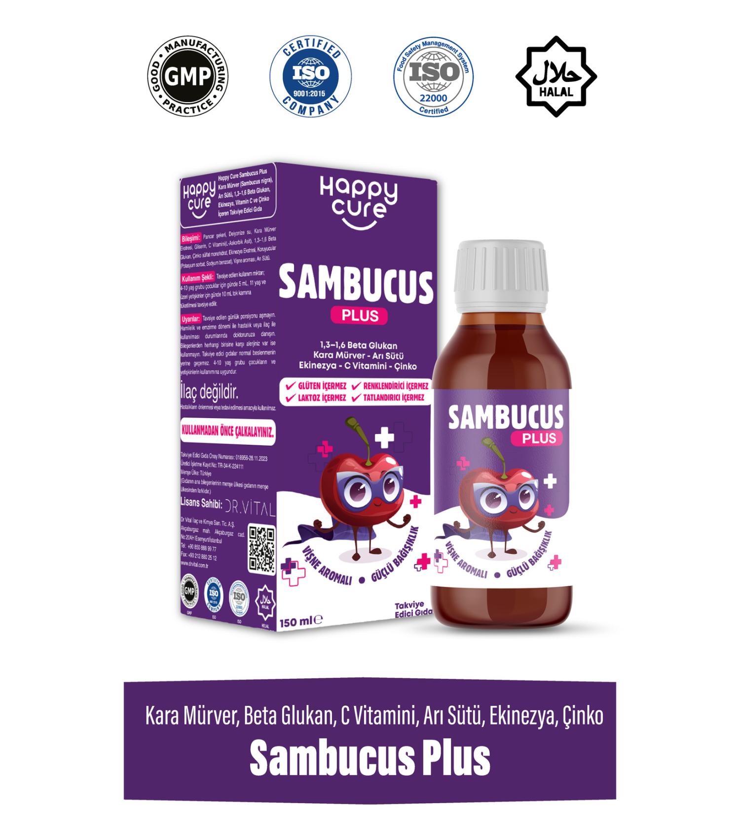 Happy Cure Sambucus Plus Cherry Flavored Syrup 150 Ml (Black Elderberry Beta Glucan Echinacea Royal Jelly) - Buy Online on GoSupps.com