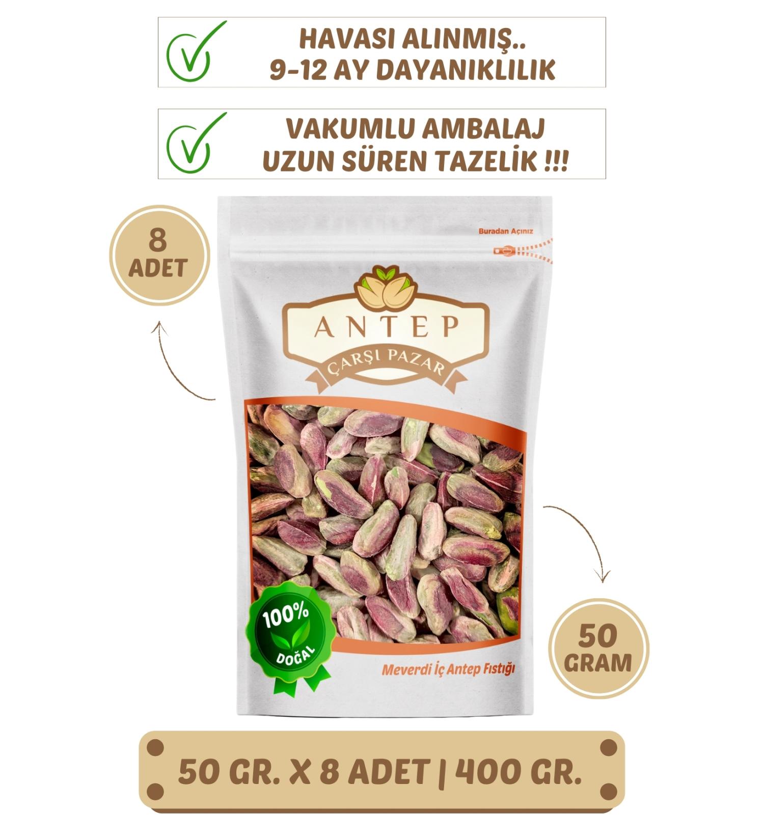 Antep Bazaar Meverdi Pistachio Kernels | 50 Gr. X 8 Pieces | VACUUM PACKAGING