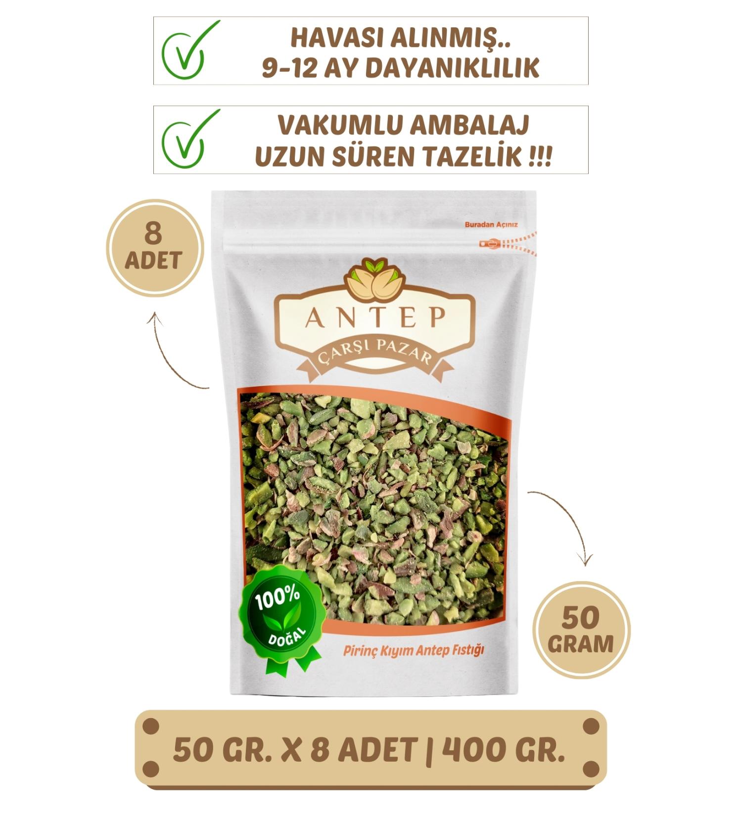 Antep Bazaar Rice Chopped Pistachios | 50 Gr. X 8 Pieces | VACUUM PACKAGING