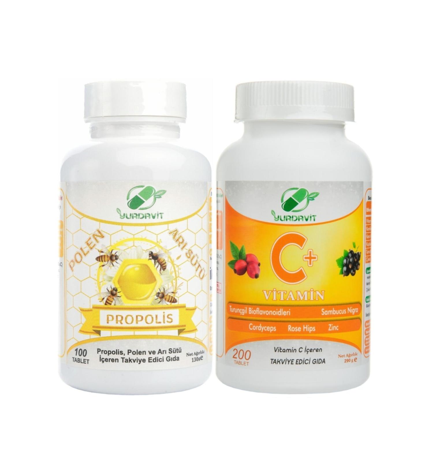 Yurdavit Propolis Pollen Royal Jelly 100 Tablets Vitamin C 1000 Mg Vitamin C Rosehip Zinc 200 Tablets