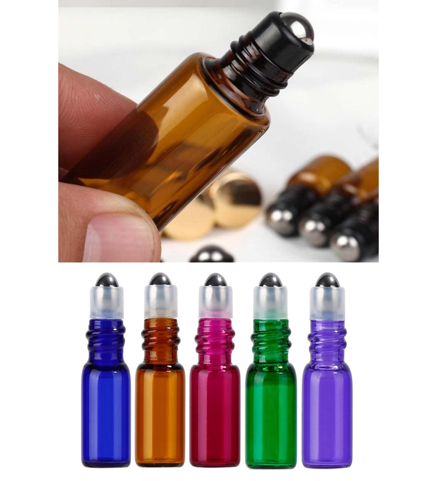 RoseRoi 5 Pieces 30 Ml Amber Roll On Glass Bottle Assortment Mixed Color