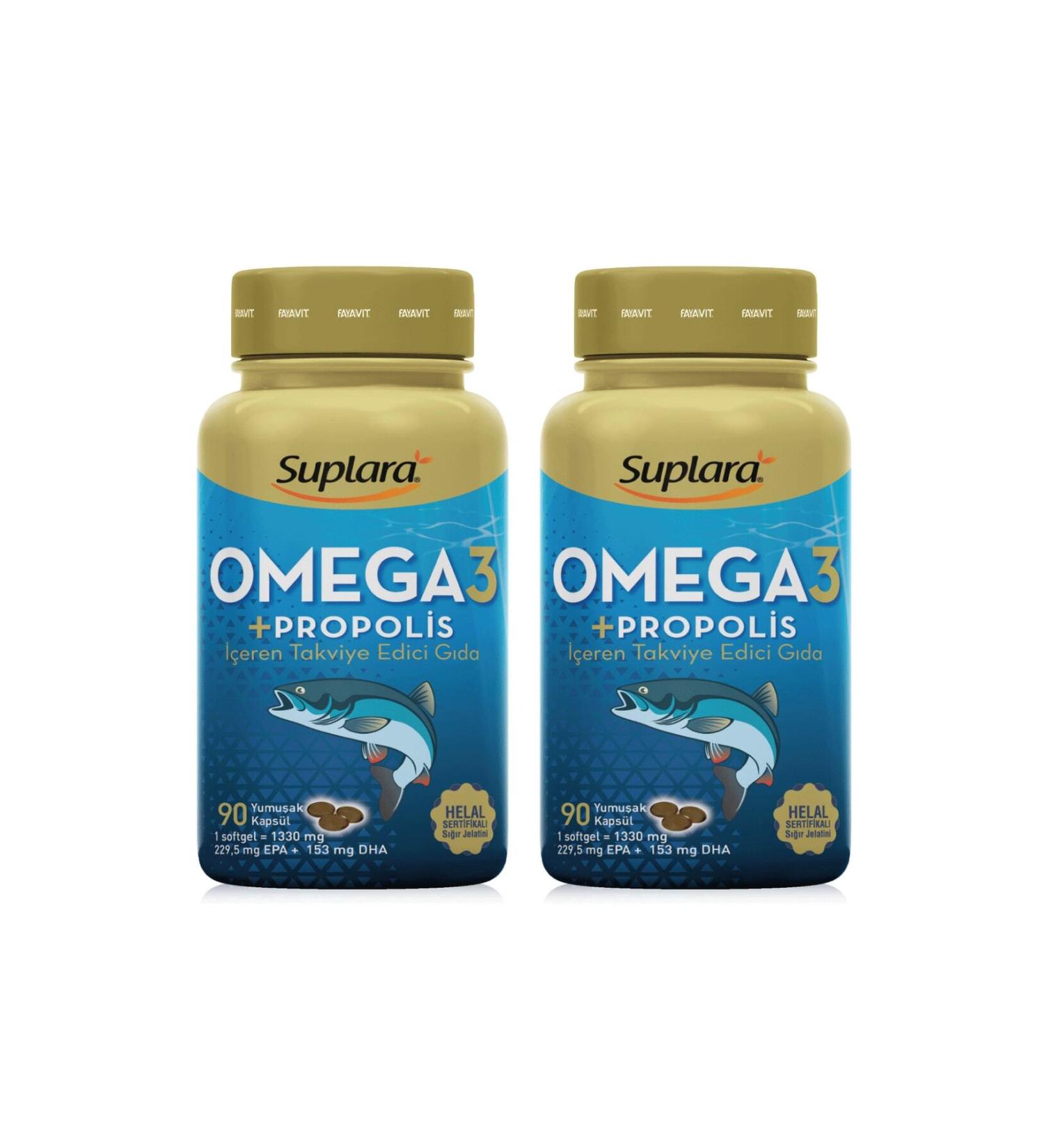 Suplara Omega 3 and Propolis Fish Oil Supplementary Food (1330 Mg X 90 Softgel) 2 Pieces