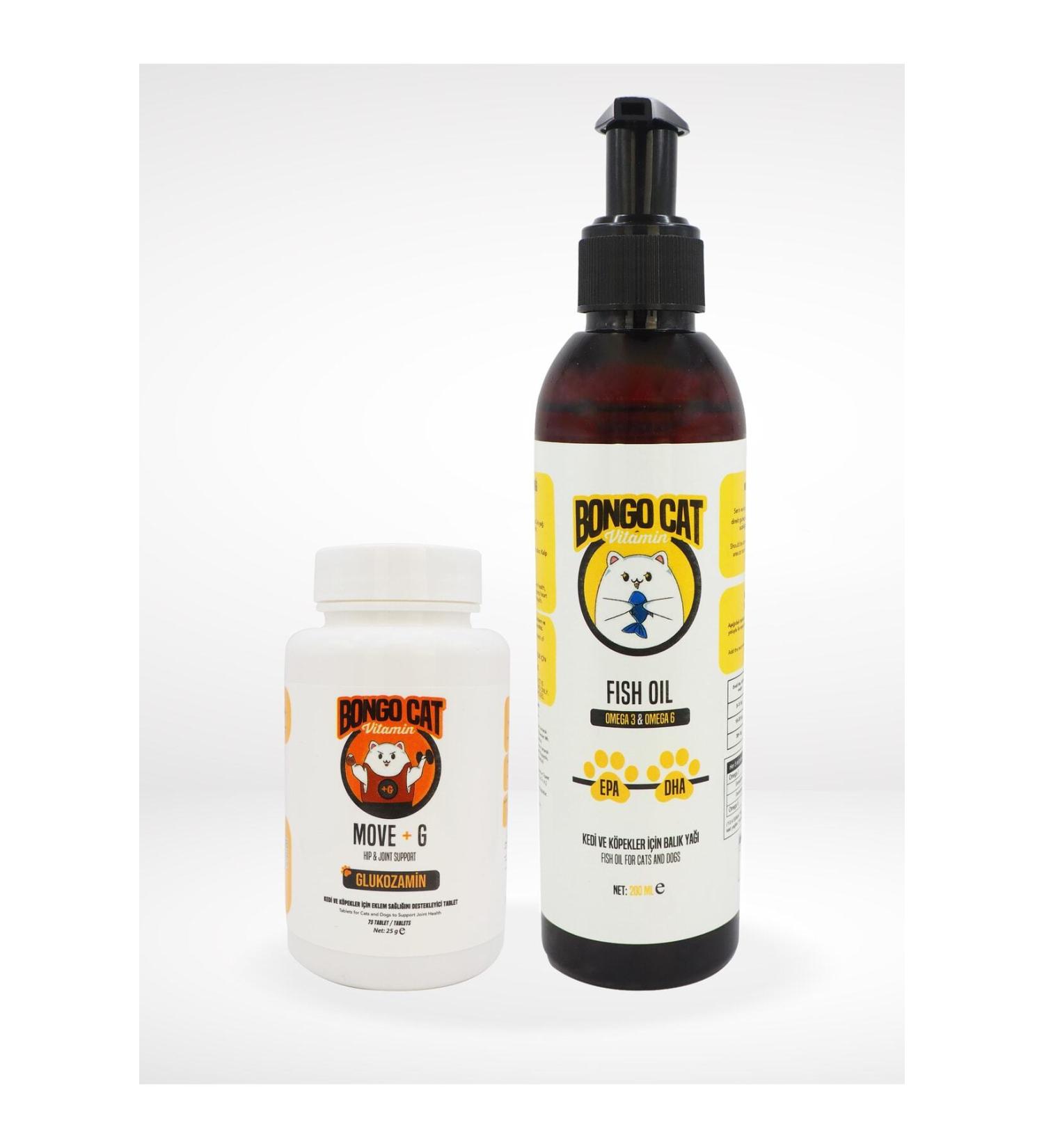 BONGO CAT Cat Vitamin Supplement Set of 2 (move+g Glucosamine Tablet - 75 Tablets + Fish Oil - 200gr.)