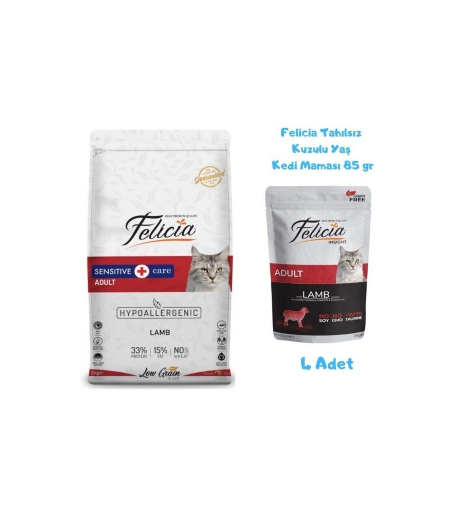 Felicia Lamb Adult Cat Food 2 Kg + Wet Food 85 Gr (4 Pieces)