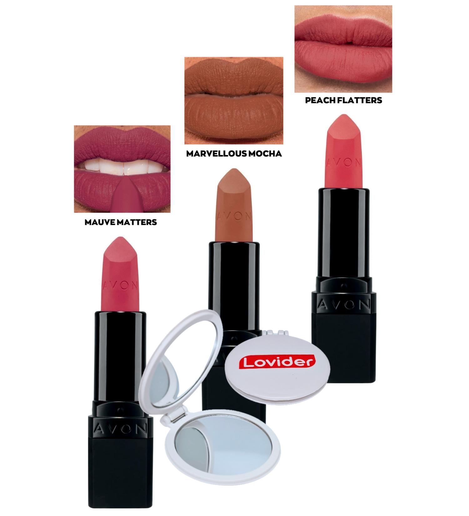 Avon Ultra Matte Mauve Matters + Marvellous Mocha + Peach Flatters Lipstick Trio Pack + Lovider Pocket Mirror - Buy Online on GoSupps.com
