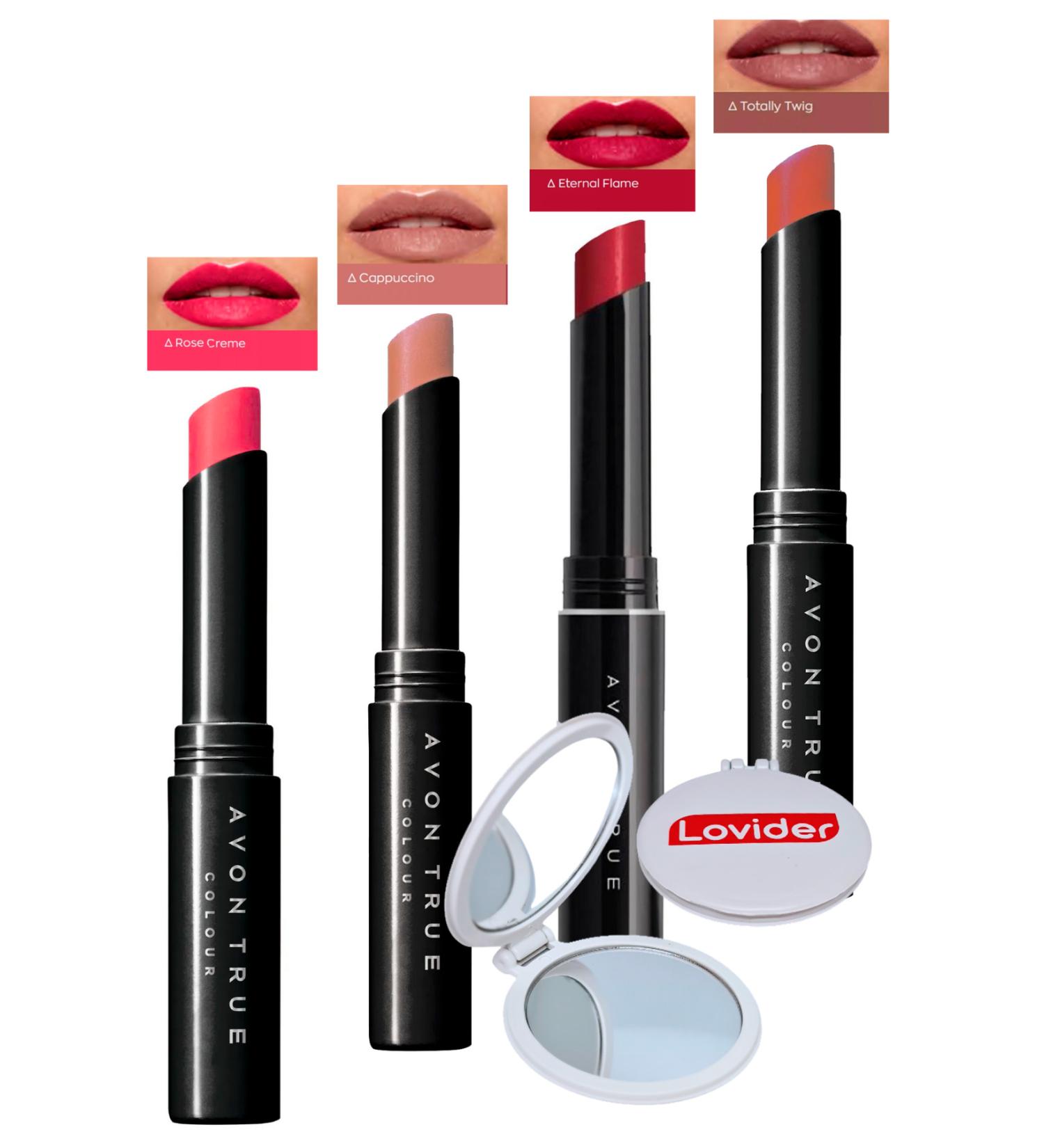 Avon Beauty 4-Piece Lipstick Pack - Rose Creme + Cappuccino + Eternal Flame + Totally Twig + Lovider Pocket Mirror - Buy Online on GoSupps.com