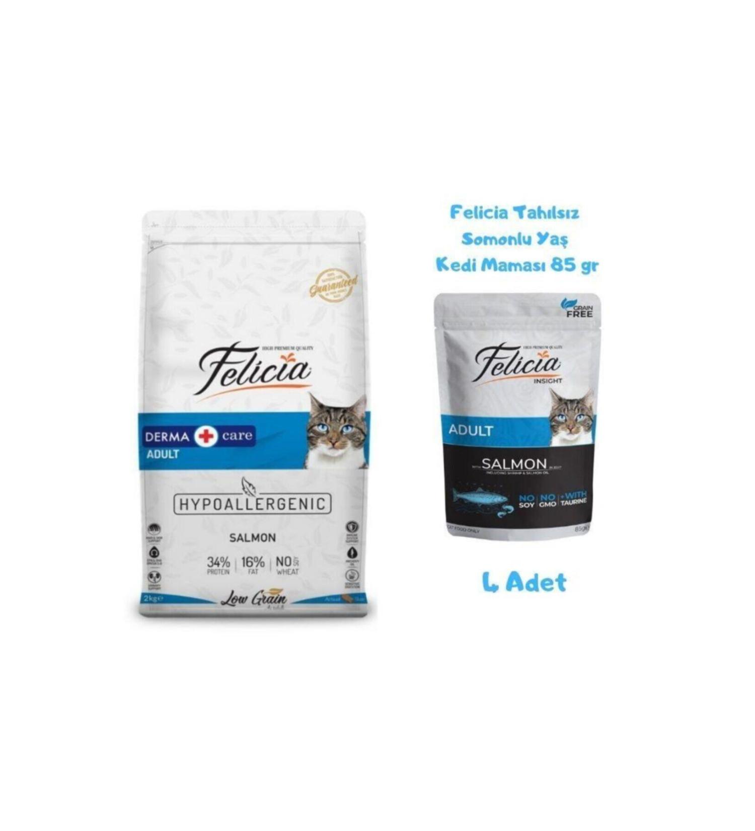 Felicia Salmon Adult Cat Food 2 Kg + Wet Food 85 Gr (4 Pieces)
