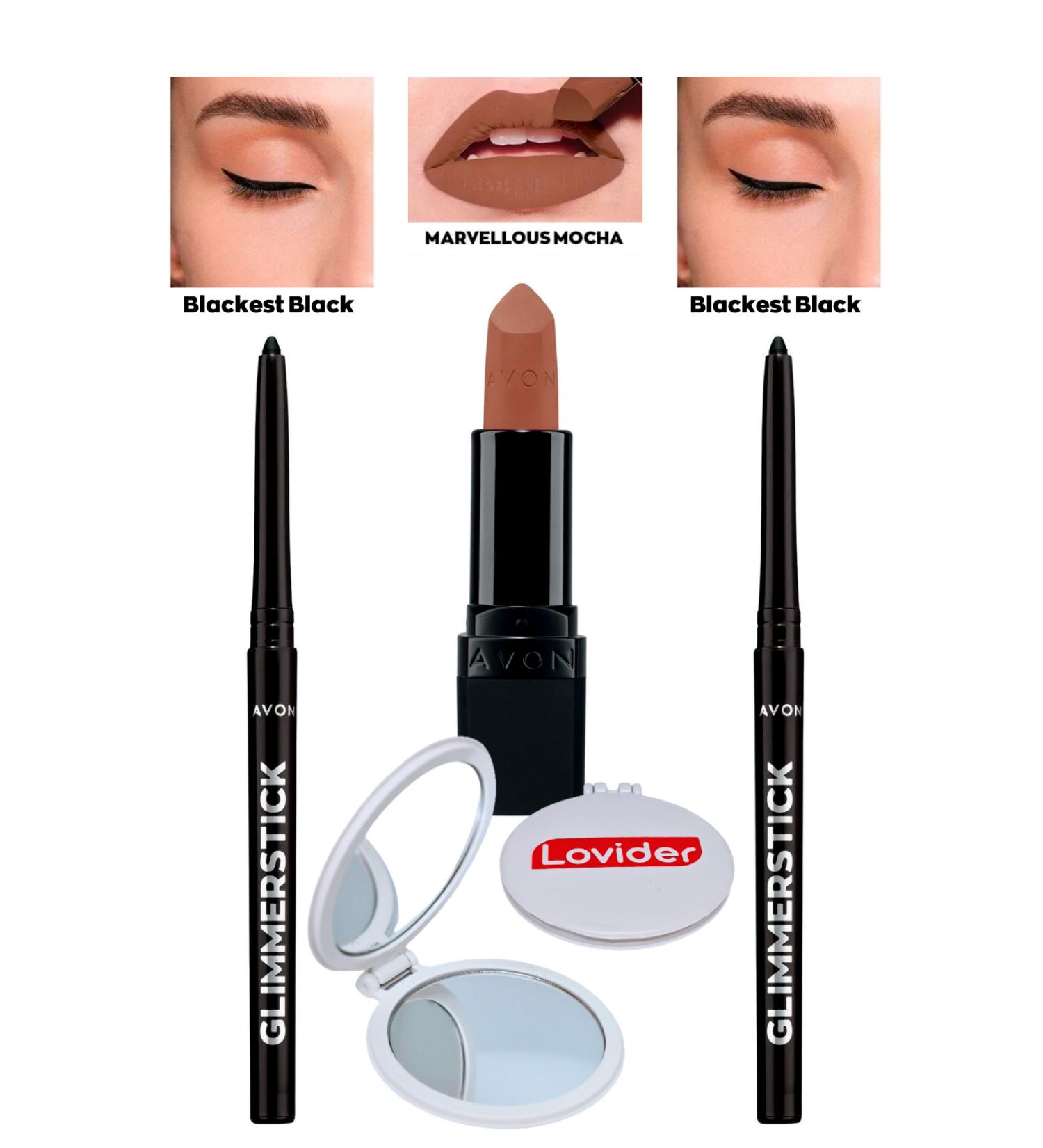 Avon Glimmerstick Lift Eyeliner Black 2 Pieces + Matte Lipstick Marvellous Mocha + Lovider Pocket Mirror - Buy Online on GoSupps.com
