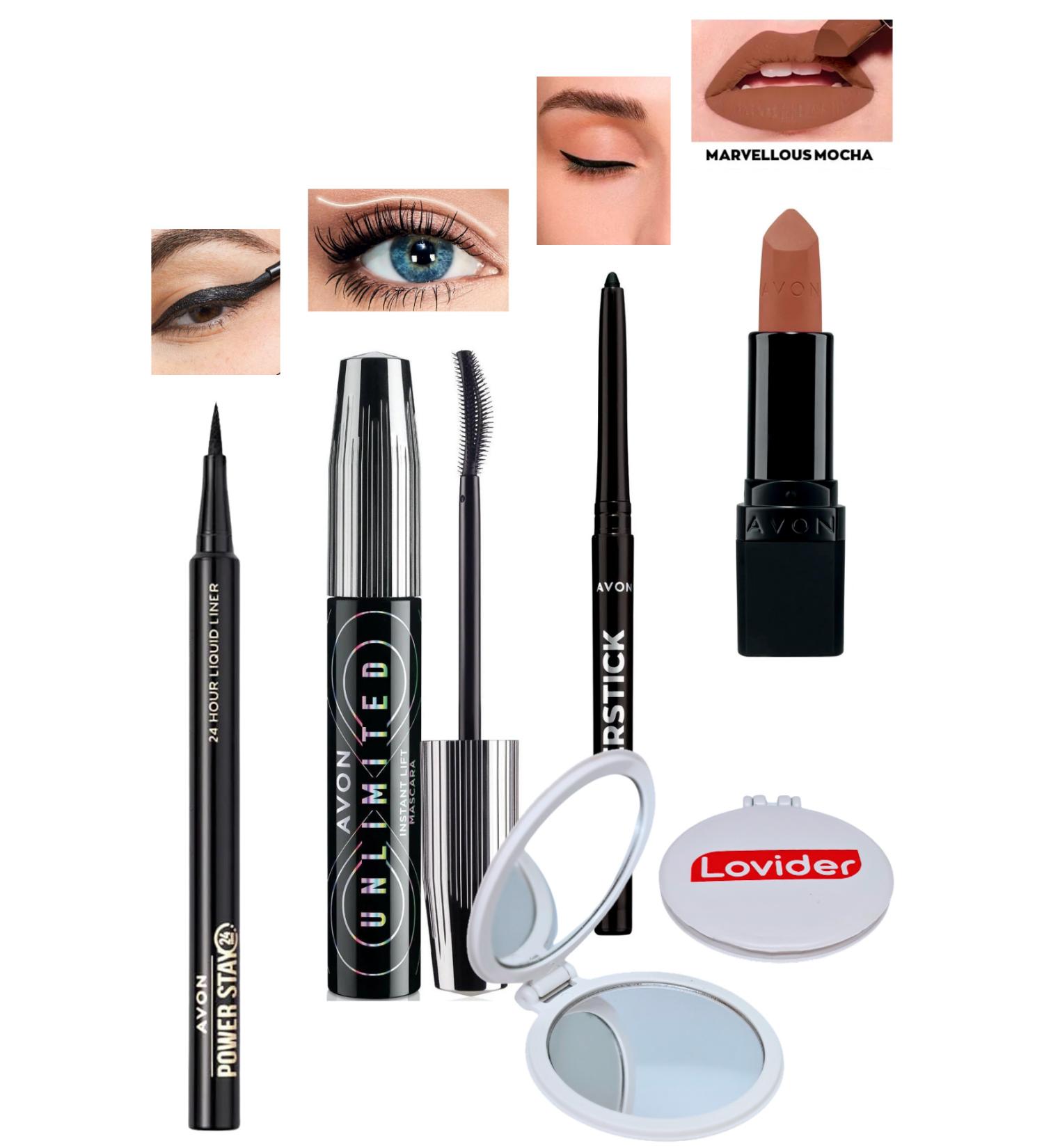 Avon Liquid Eyeliner + Unlimited Mascara + Black Eyeliner + Matte Lipstick Marvellous Mocha + Lovider Pocket Mirror - Buy Online on GoSupps.com