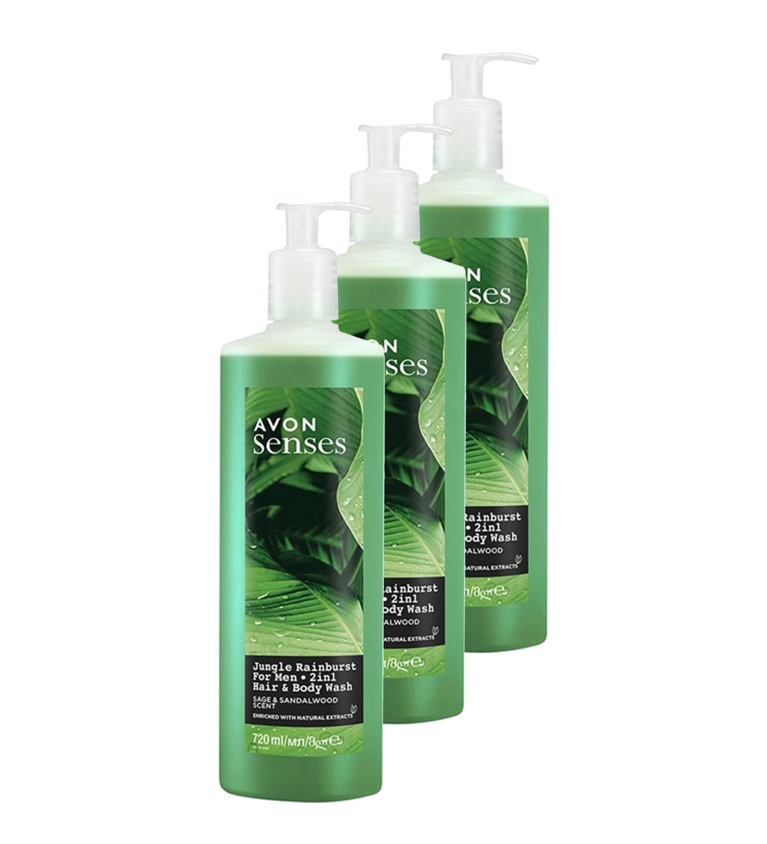 Avon Senses Jungle Rainburst Sage and Sandalwood Scented Men's Hair and Body Shampoo 720 Ml. Triple