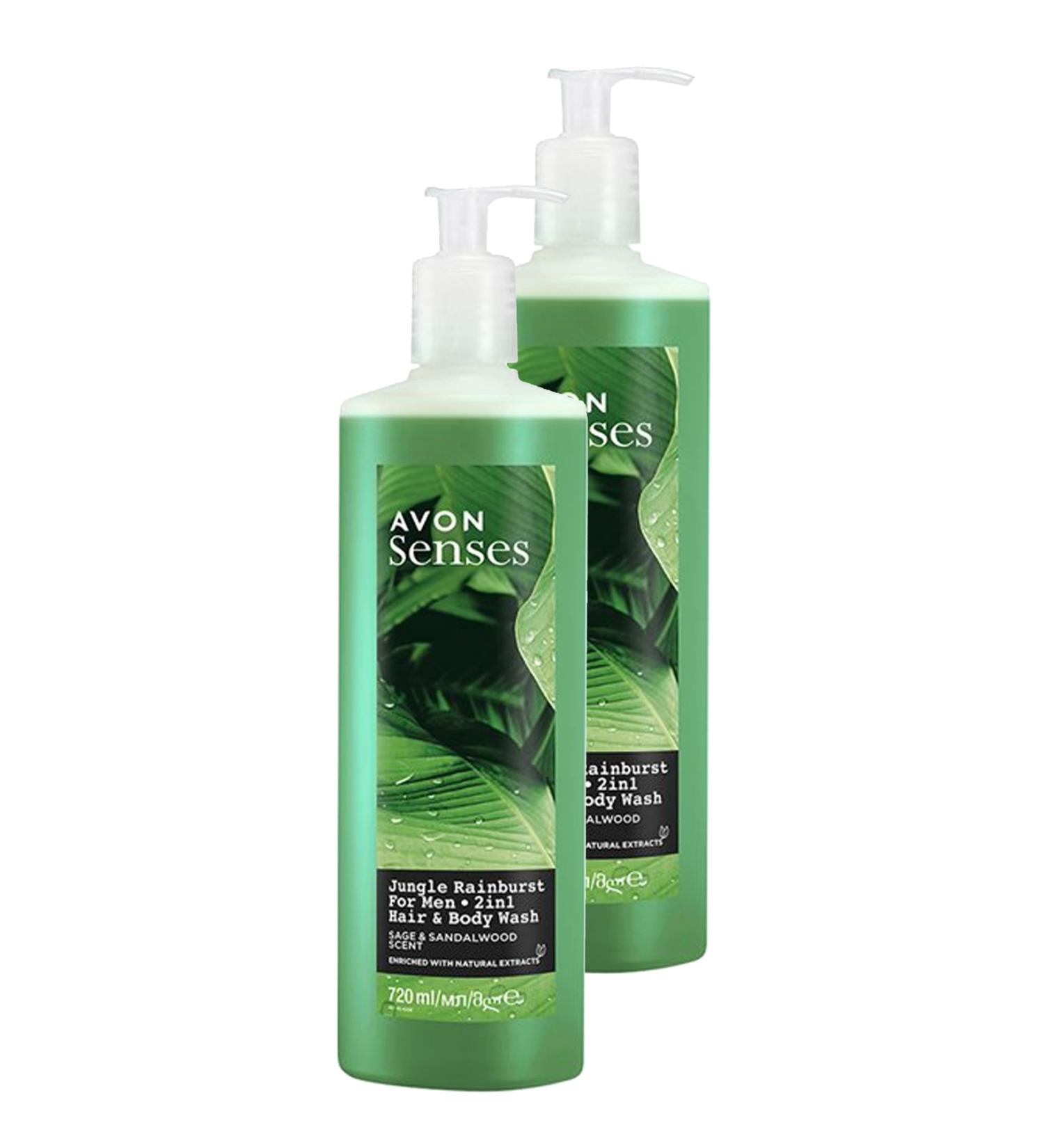 Avon Senses Jungle Rainburst Sage and Sandalwood Scented Men's Hair and Body Shampoo 720 Ml. Double