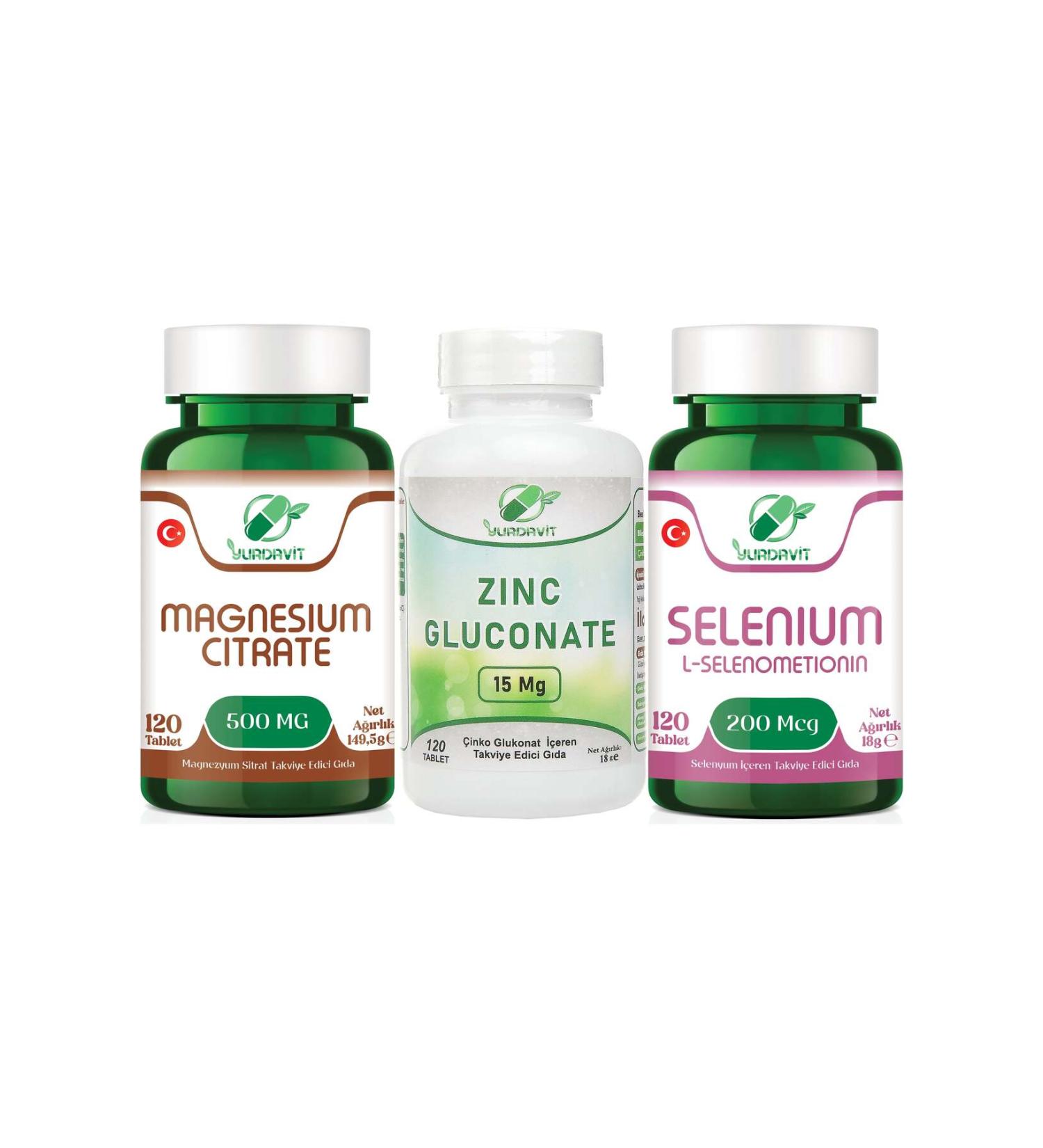 Yurdavit Set 120 Tablets Magnesium Citrate 500 mg Zinc Gluconate 15 mg Selenium 200 Mcg - Buy Online on GoSupps.com
