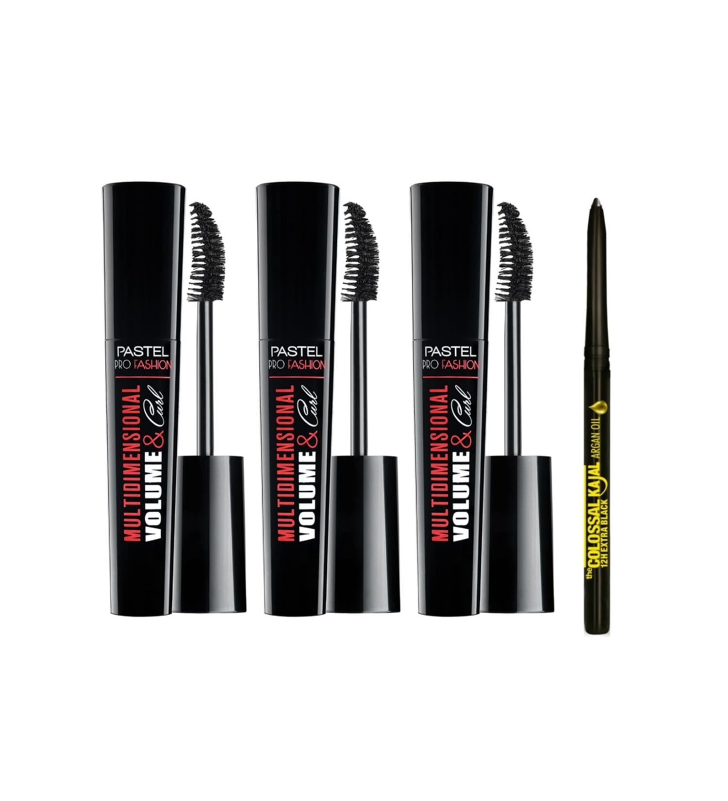 Pastel Multidimensional Volume&Curl Mascara - Mascara 3 Pieces + Maybelline Kajal Eyeliner