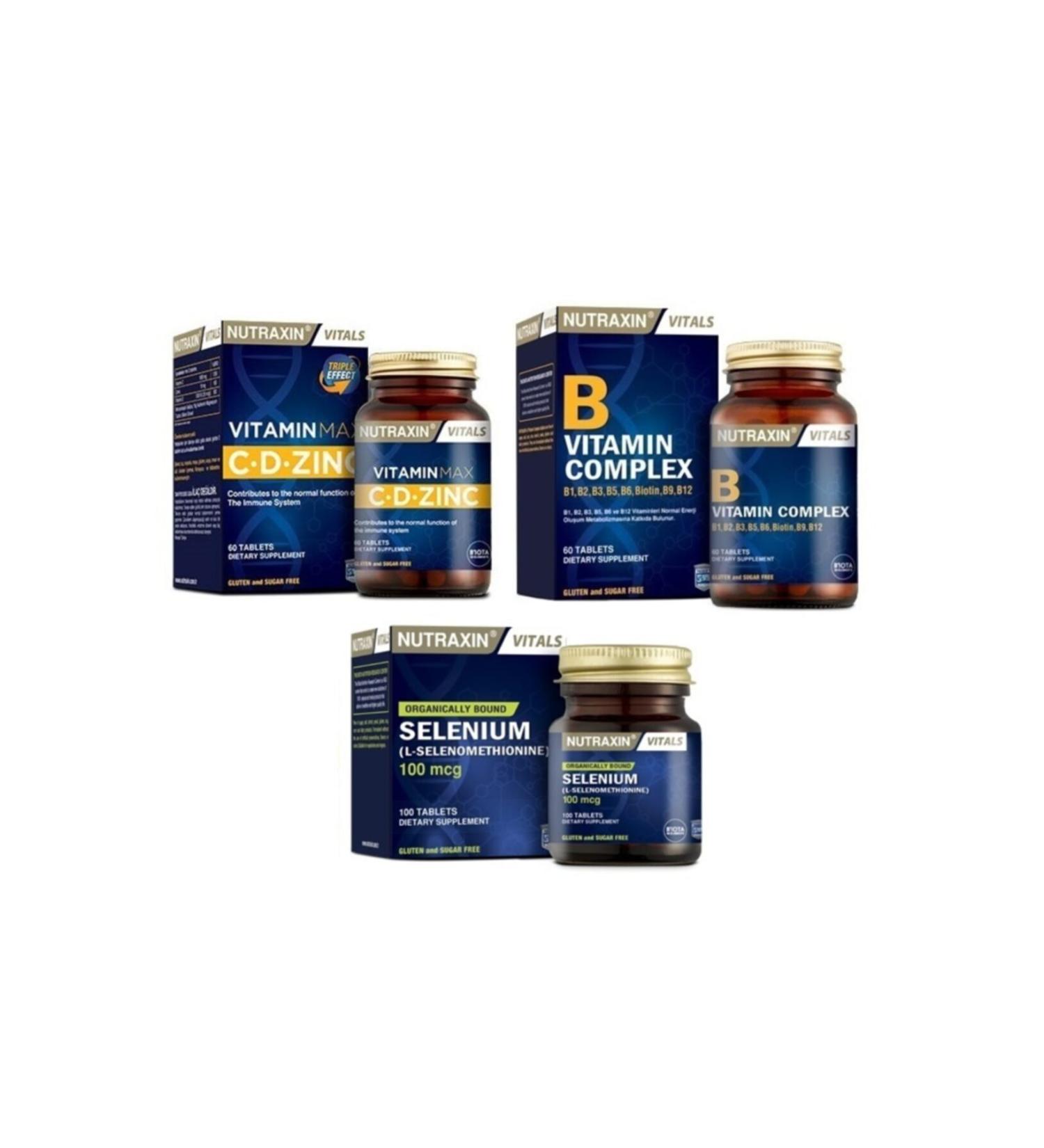 Nutraxin B Vitamin 60 Tablets containing B1 B2 B3 B5 B6 B12 + vitamin Max 60 Tablets + selenium 100 Mcg 100 Tablets