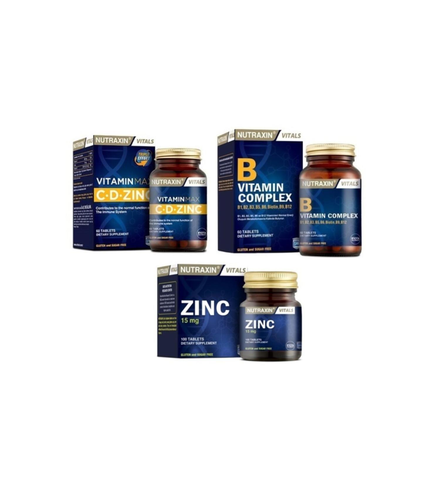 Nutraxin B Vitamin 60 Tablets + Vitamin Max 60 Tablets + Zinc 15 Mg 100 Tablets Containing B1 B2 B3 B5 B6 B12
