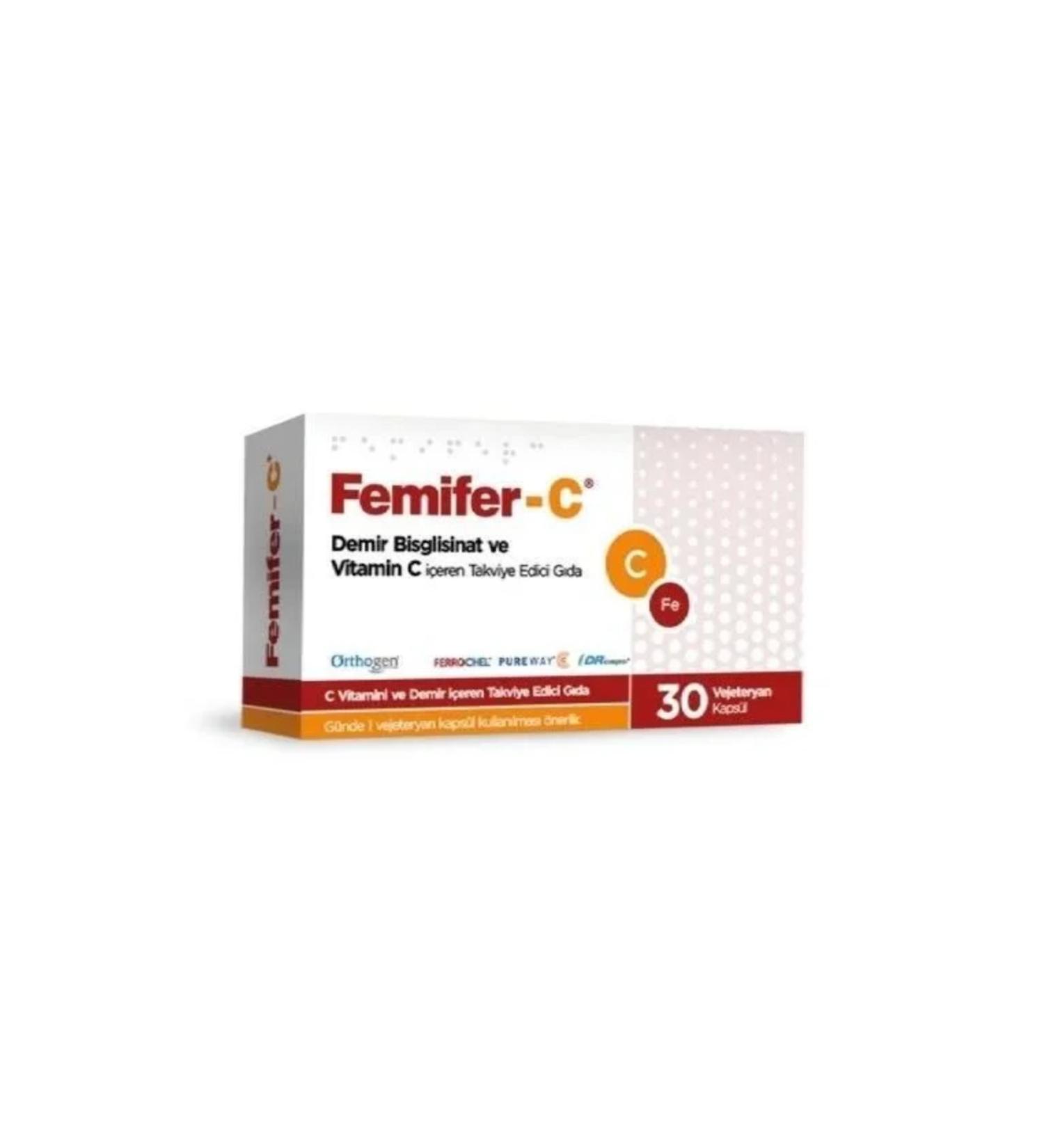Orthogen Femifer-C Food Supplement Containing Iron Bisglycinate and Vitamin C 30 Vegetarian Capsules