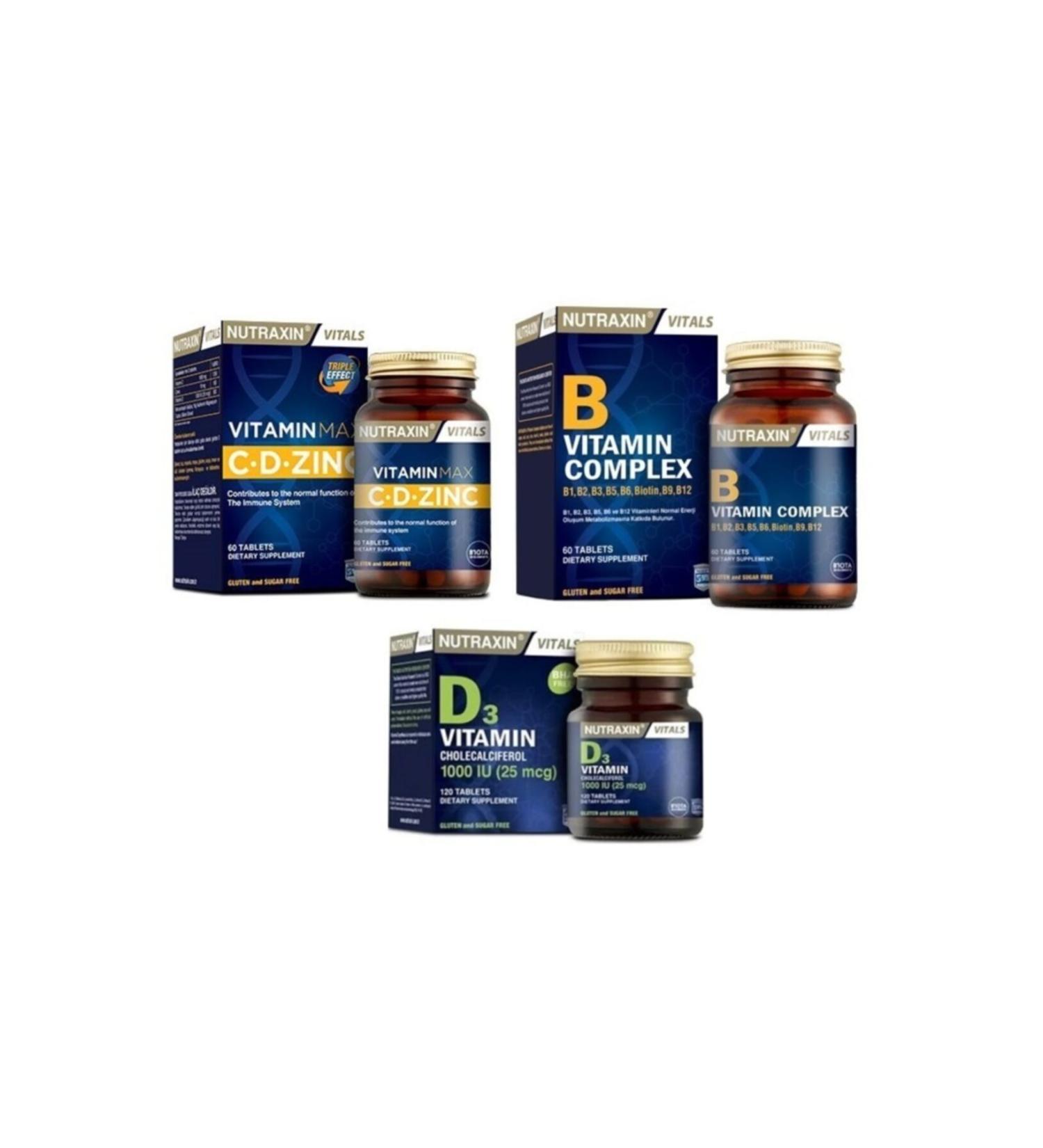 Nutraxin B Vitamin 60 Tablets + Vitamin Max 60 Tablets + D3 Vitamin 120 Tablets Containing B1 B2 B3 B5 B6 B12
