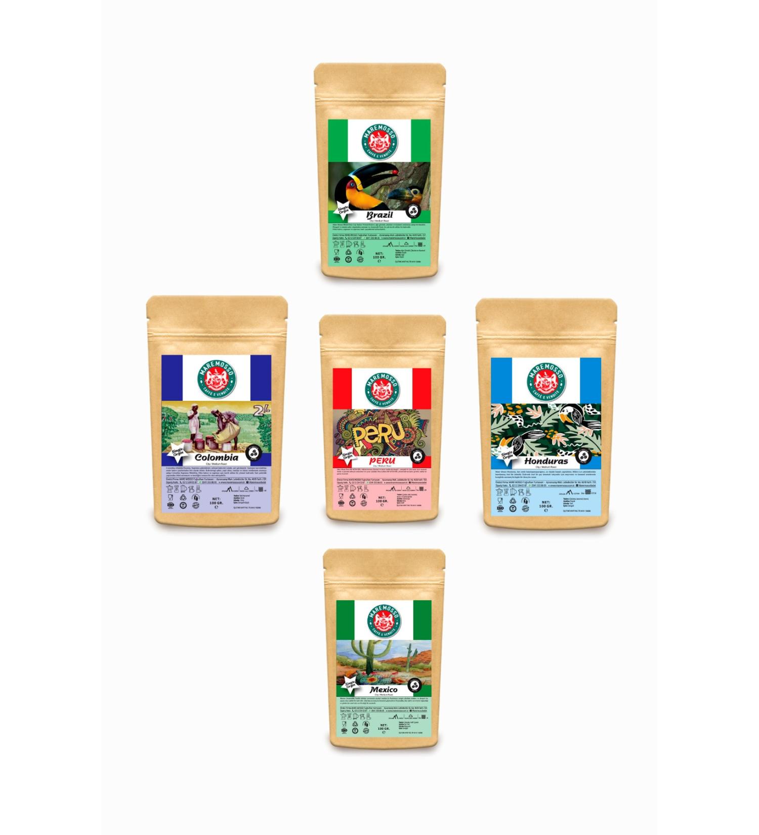 Mare Mosso Caffe South American Coffees (Peru Colombia Brazil Honduras Mexico) Introduction Set 100 gr X5 Package