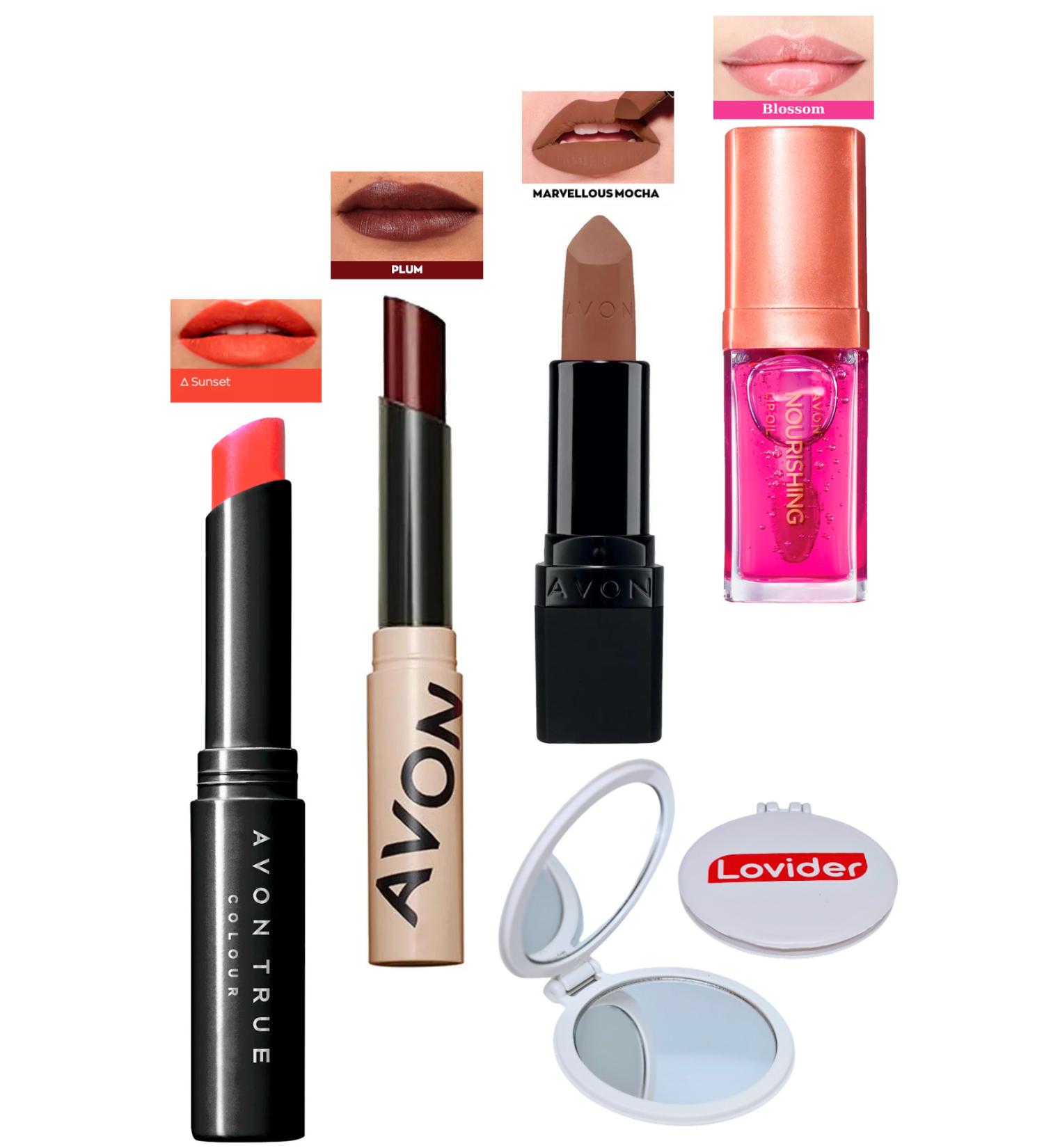 Avon Sunset Lipstick + Tinted Plum + Marvellous Mocha Matte Lipstick + Blossom Lip Oil + Lovider Pocket Mirror