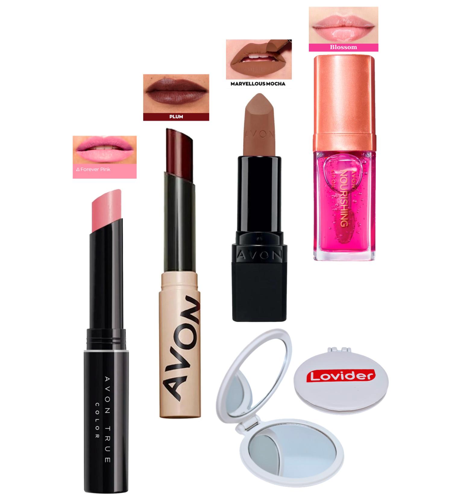 Avon Forever Pink Lipstick + Tinted Plum + Marvellous Mocha Matte Lipstick + Blossom Lip Oil + Lovider Pocket Mirror - Buy Online on GoSupps.com
