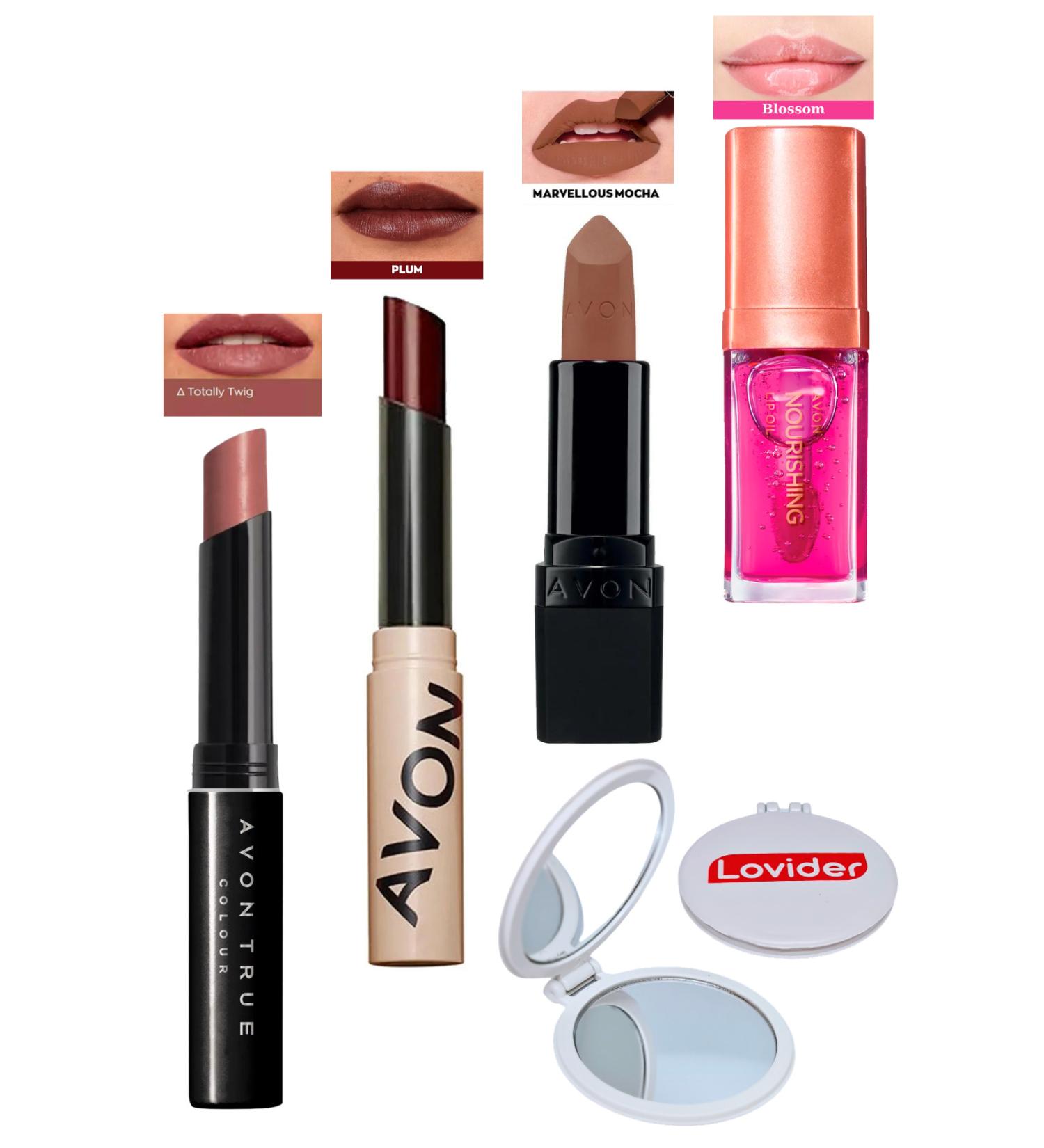 Avon Totally Twig Lipstick + Tinted Plum + Marvellous Mocha Matte Lipstick + Blossom Lip Oil + Lovider Pocket Mirror - Buy Online on GoSupps.com