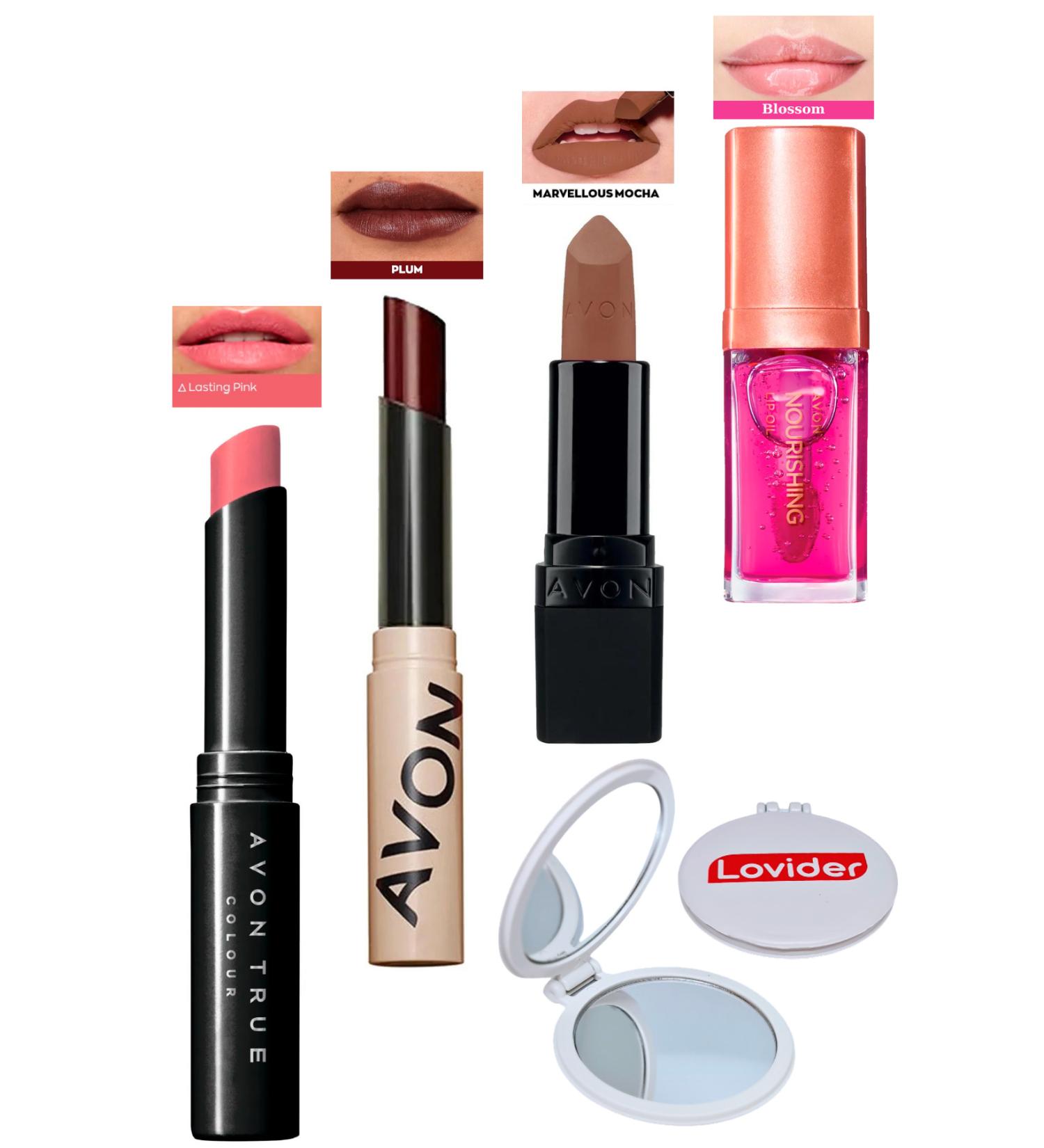 Avon Lasting Pink Lipstick + Tinted Plum + Marvellous Mocha Matte Lipstick + Blossom Lip Oil + Lovider Pocket Mirror