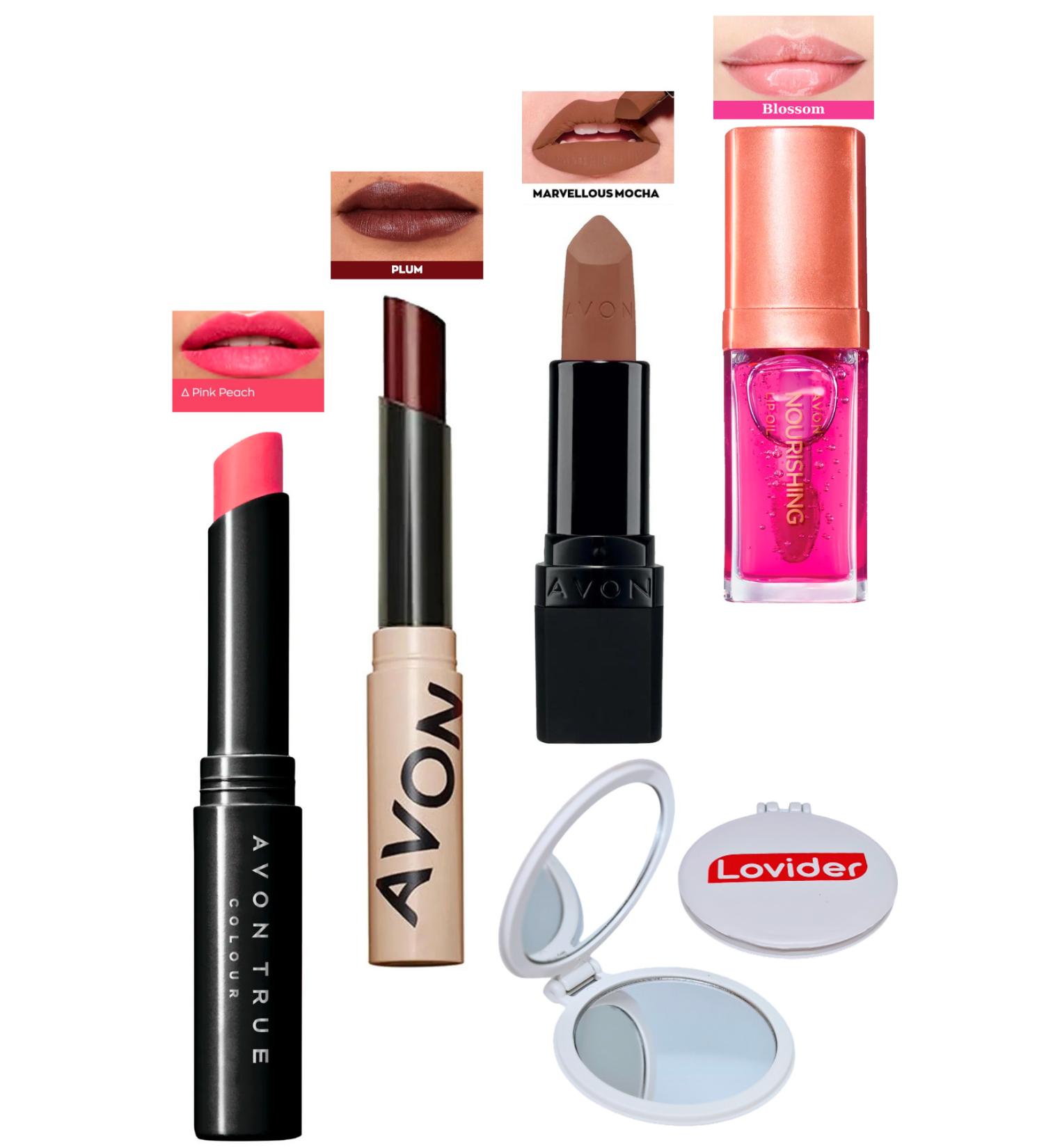 Avon Pink Peach Lipstick + Tinted Plum + Marvellous Mocha Matte Lipstick + Blossom Lip Oil + Lovider Pocket Mirror - Buy Online on GoSupps.com