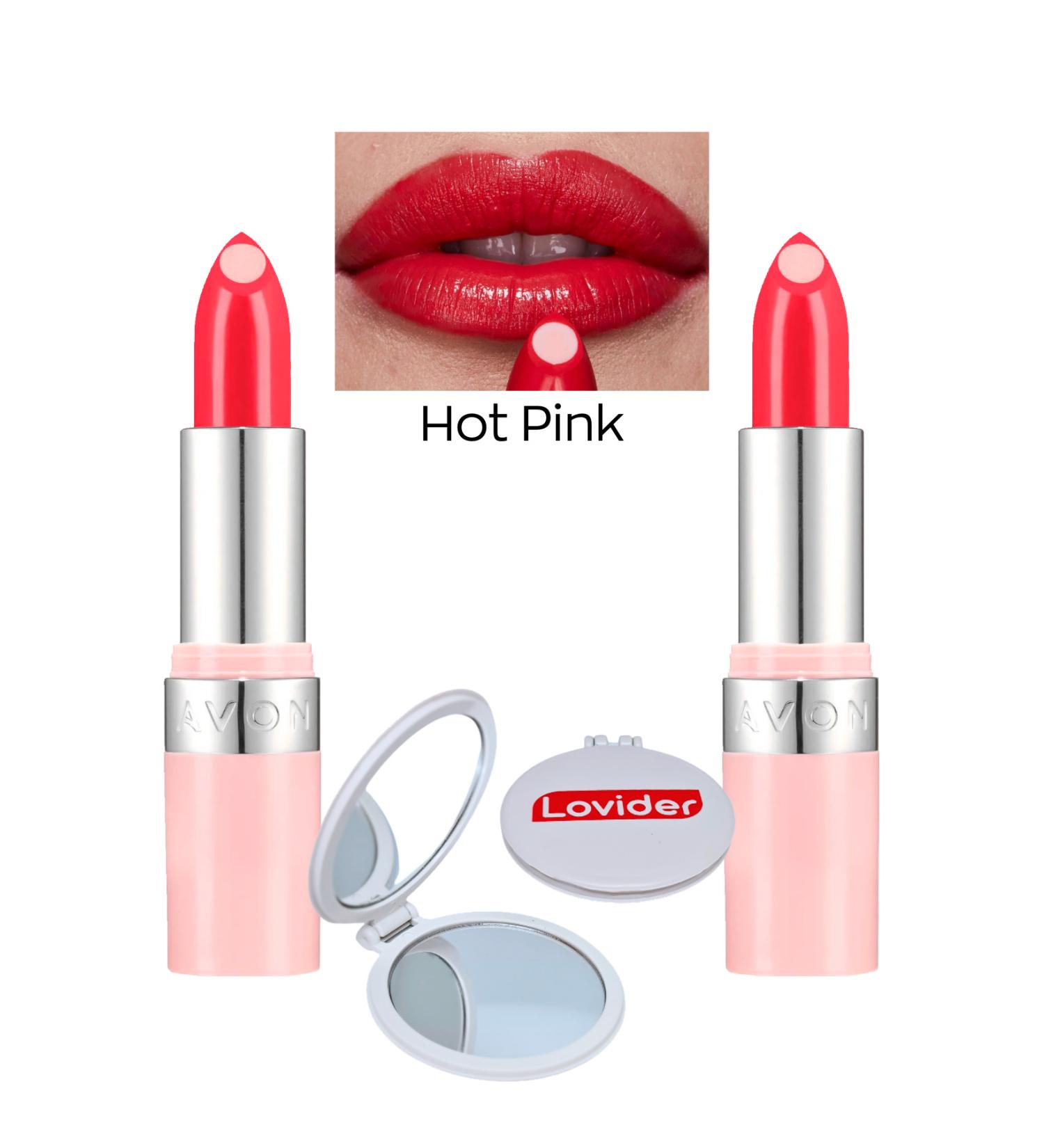 Avon Hydramatic Shimmer Lipstick - Hot Pink 2 Pack + Lovider Pocket Mirror Gift
