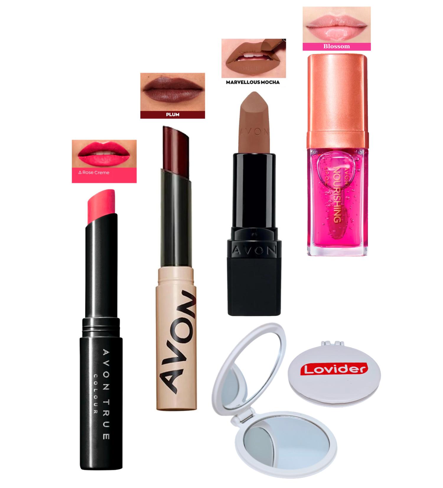 Avon Rose Creme Lipstick + Tinted Plum + Marvellous Mocha Matte Lipstick + Blossom Lip Oil + Lovider Pocket Mirror