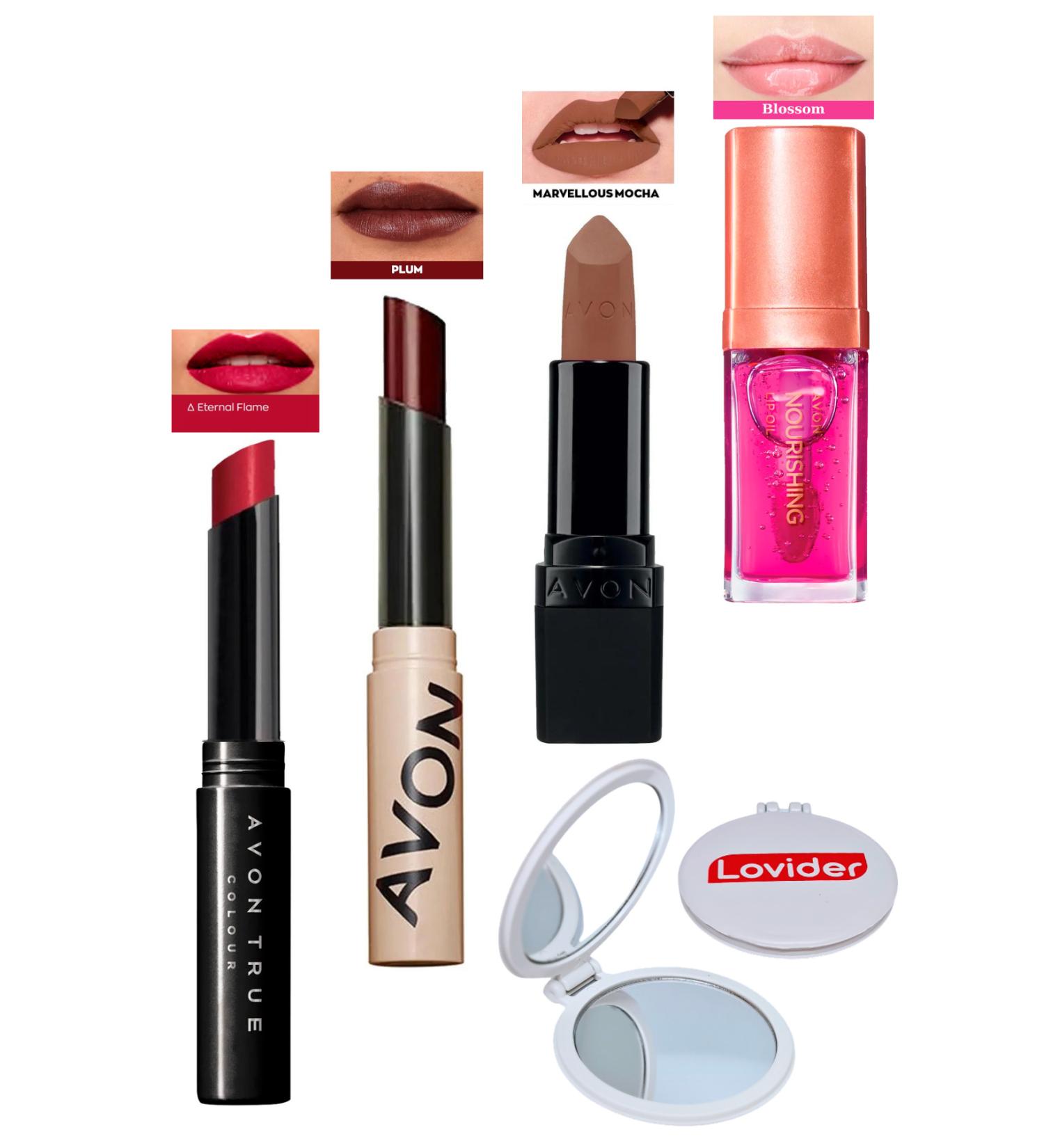 Avon Eternal Flame Lipstick + Tinted Plum + Marvellous Mocha Matte Lipstick + Blossom Lip Oil + Lovider Pocket Mirror - Buy Online on GoSupps.com