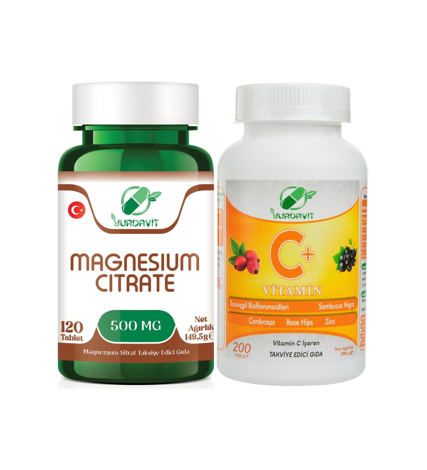 Yurdavit Magnesium Citrate 500 Mg Magnesium Citrate 120 Tablets Vitamin C 1000 Mg Vitamin C 200 Tabs