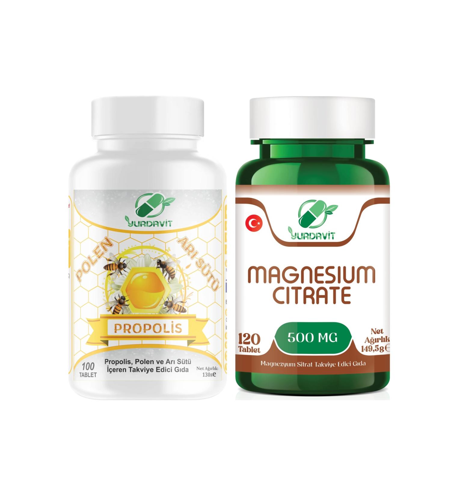Yurdavit Propolis Pollen Royal Jelly 100 Tablets Magnesium Citrate 500 mg Magnesium Citrate 120 Tablets