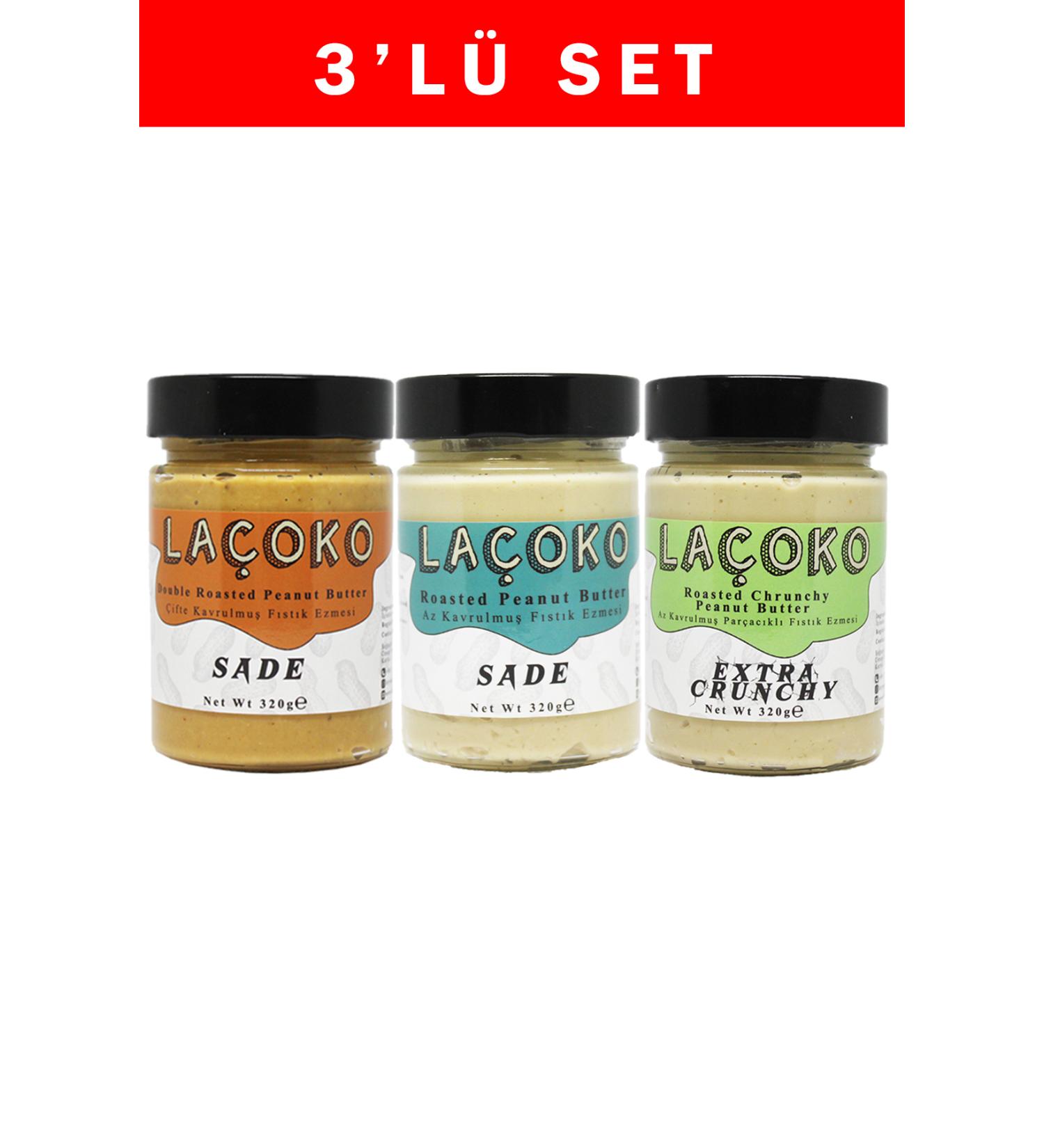LA OKO 320 Gram Trial Series Double Roasted Peanuts Lightly Roasted and Lightly Roasted Peanut Butter with Chips